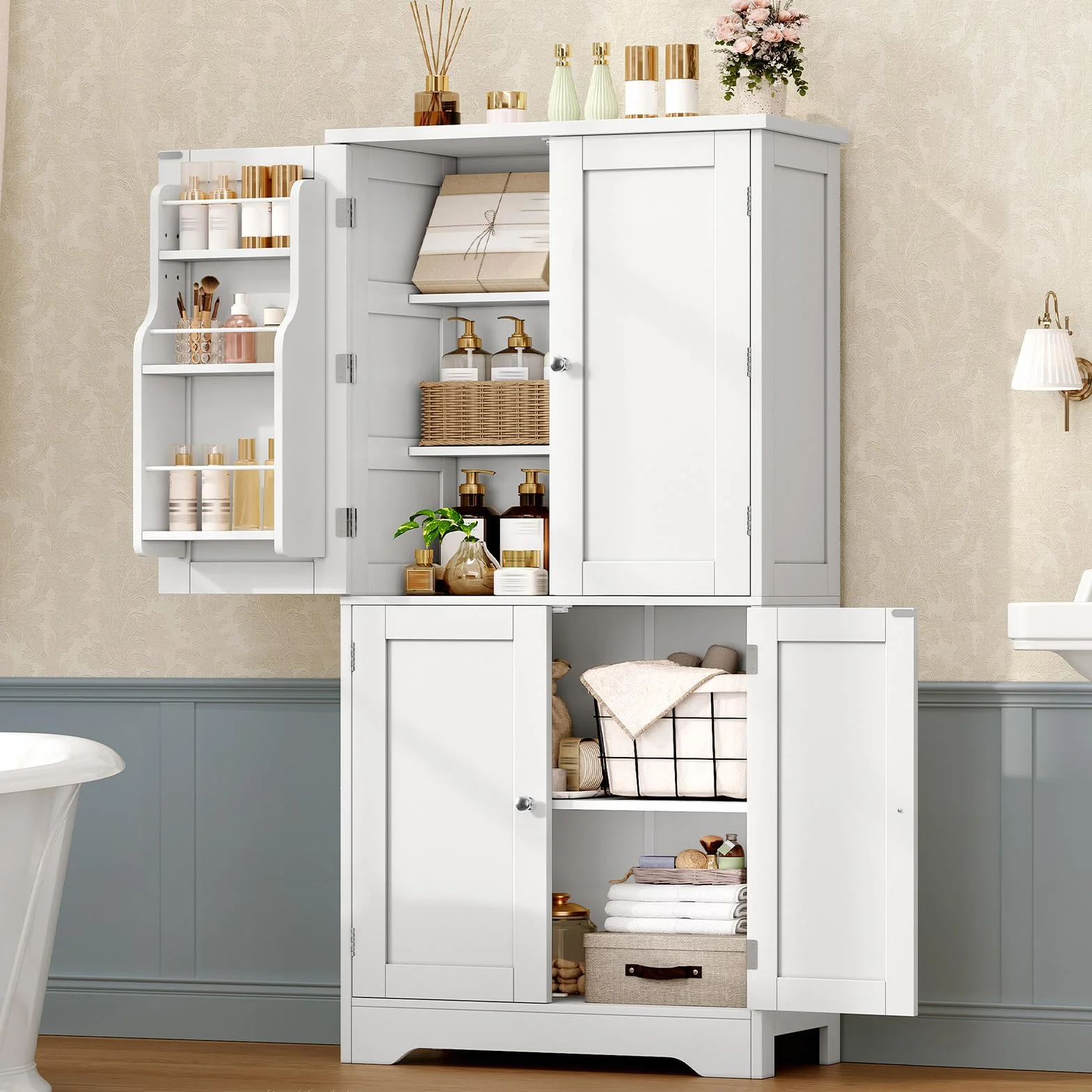 TEENFON Alacena de Cocina Alta y Despensa, Armario de 4 Puertas con 6 Estantes y 2 Compartimentos en la Puerta, Aparador y Mueble de Almacenaje Multiusos para Cocina, Salón, Comedor, 130 cm, Blanco