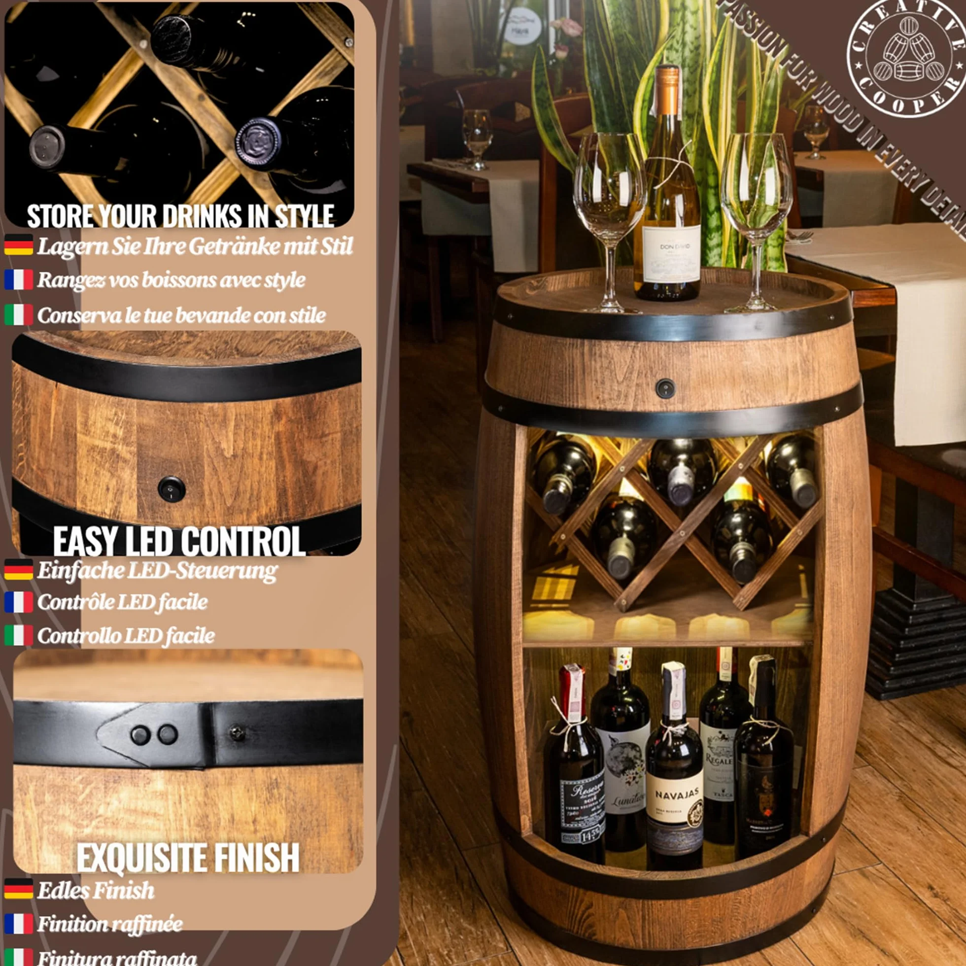 CREATIVE COOPER Barril con soporte para vino – Armario LED – Barril de madera – Bar de casa – 80 x 50 cm – Decoración rústica – Armario (marrón oscuro)