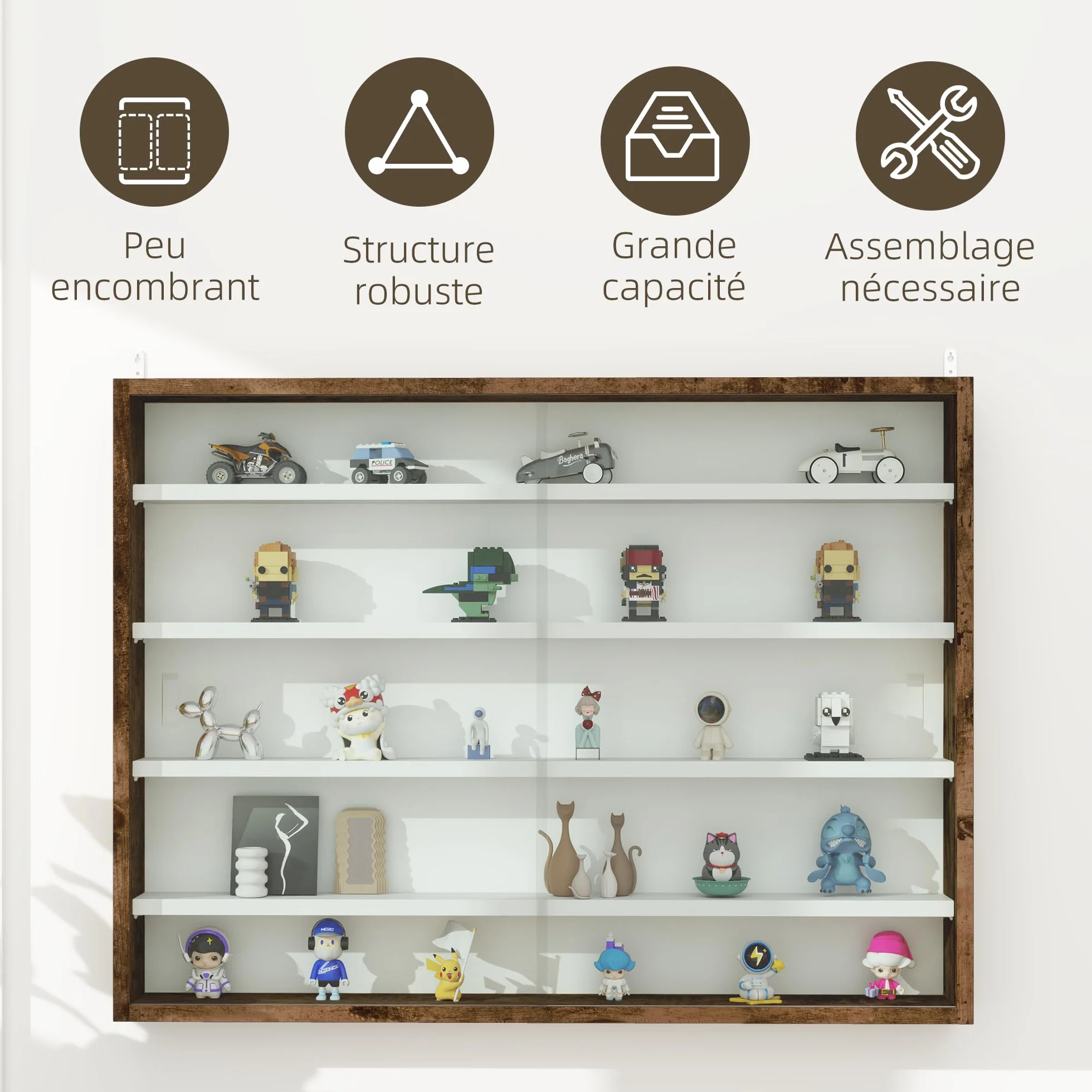 HOMCOM Vitrina para colección Armario de Pared 80 x 9,5 x 60 cm con 4 estantes Regulables en Altura y 2 Puertas correderas de Cristal, para Colecciones de Coches en Miniatura y figuritas, marrón
