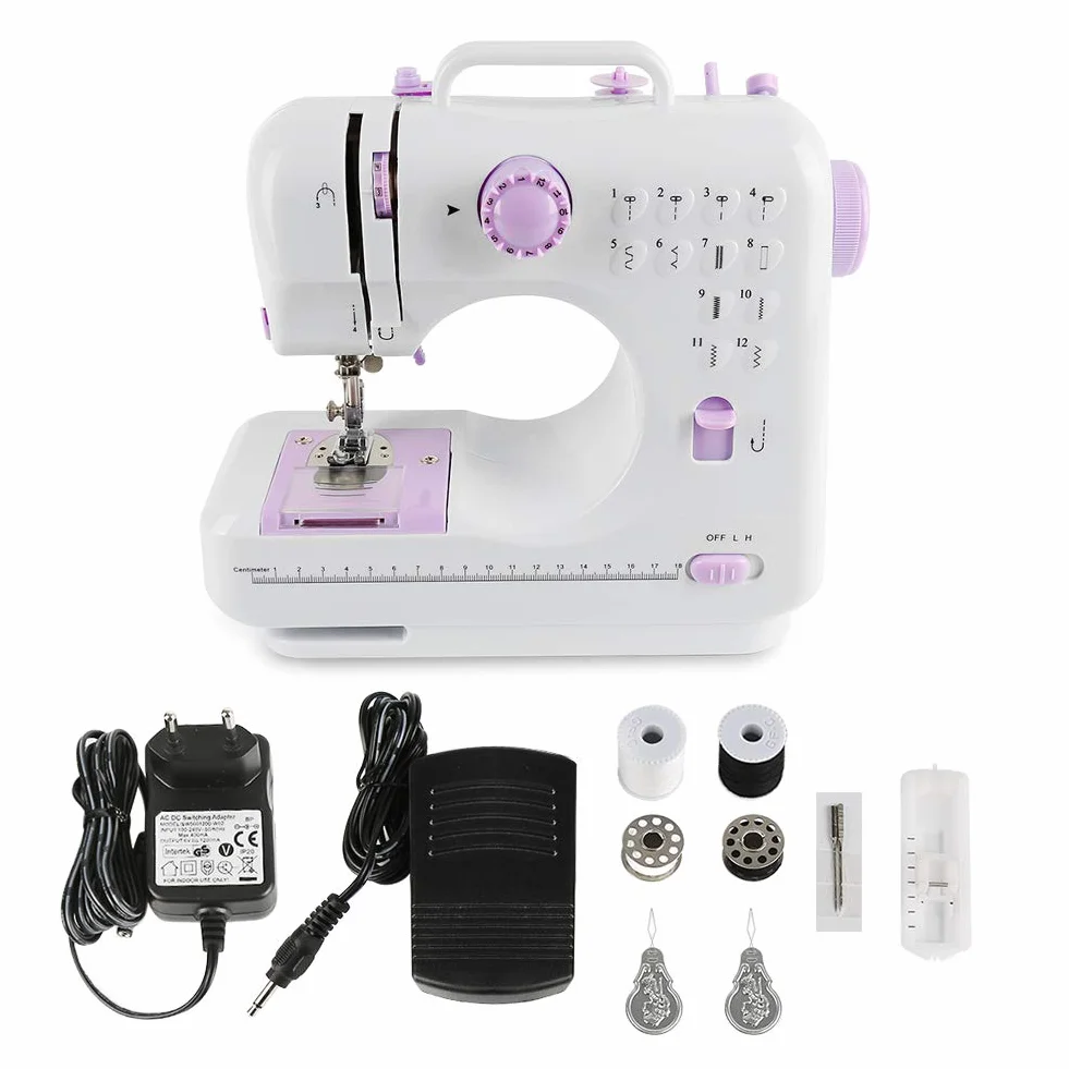 Máquina de coser eléctrica, máquina de coser principiante con 12 programas de costura, semiautomática, potencia 6W, corriente 1200mA, voltaje 100-240V, blanco (505TYPE)