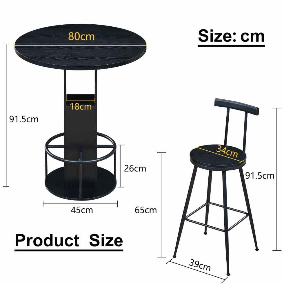 Juego de mesa de bar 3 piezas mesa redonda 2 taburetes madera robusta reposapiés metal
