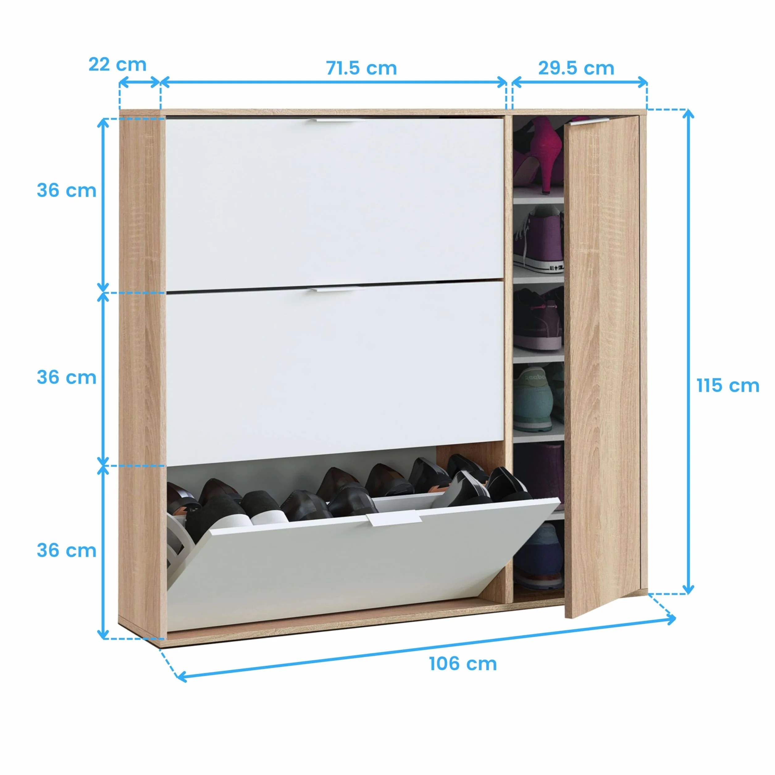 Habitdesign Mueble Zapatero 4 Puertas, Modelo Class, Acabado en Roble Canadian y Blanco Artik, Medidas: 106 cm (Ancho) x 115 cm (Alto) x 22 cm (Fondo)