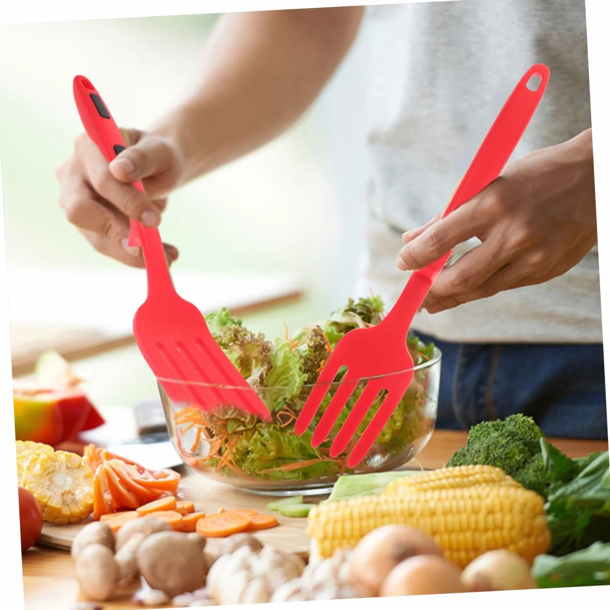 Tenedor de Cocina de Silicona Flexible Resistente al Calor 2 Piezas Rojo Intenso