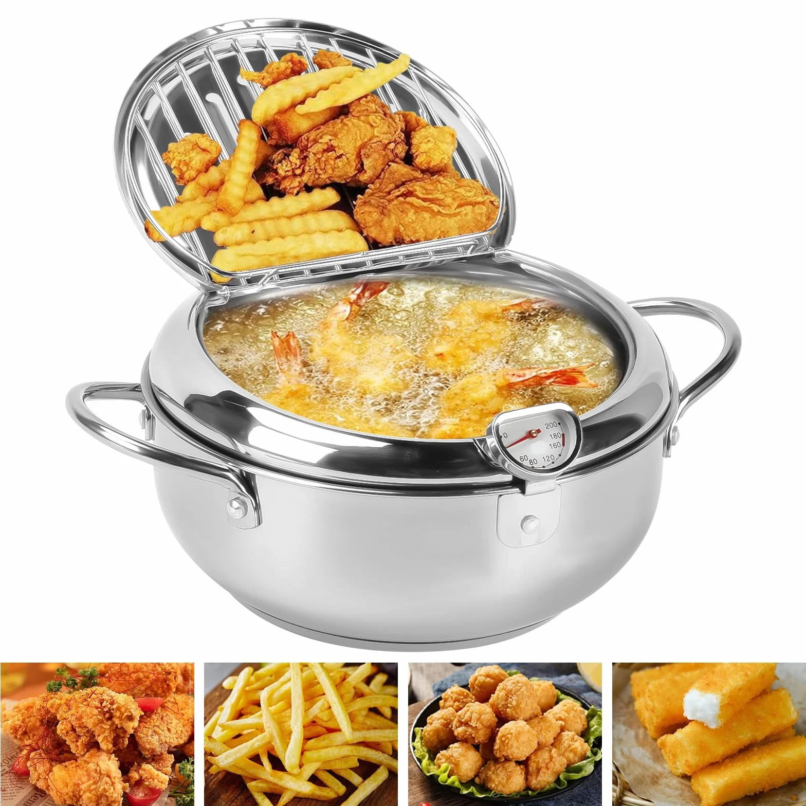Olla Freidora Estilo Japonés Con Termómetro y Tapa - Tempura Freidora Pequeña de Acero Inoxidable Para Cocinar Papas Fritas (28cm)