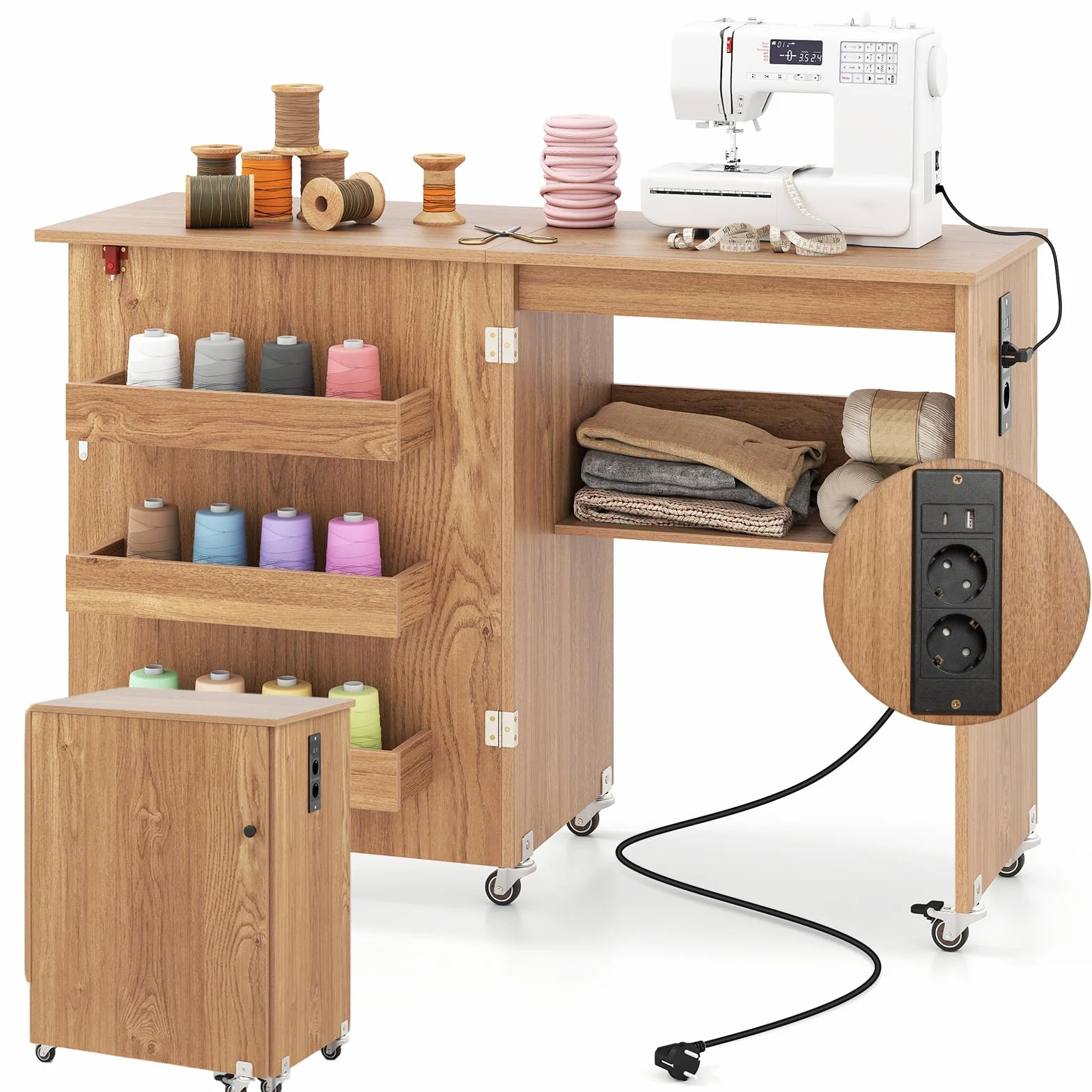 RELAX4LIFE Mesa de Costura Plegable con 3 Compartimentos, Estante, Estación de Carga Integrada, Mesa para Máquina de Coser con Ruedas, 116x40,5x78cm (Natural-con Enchufe)