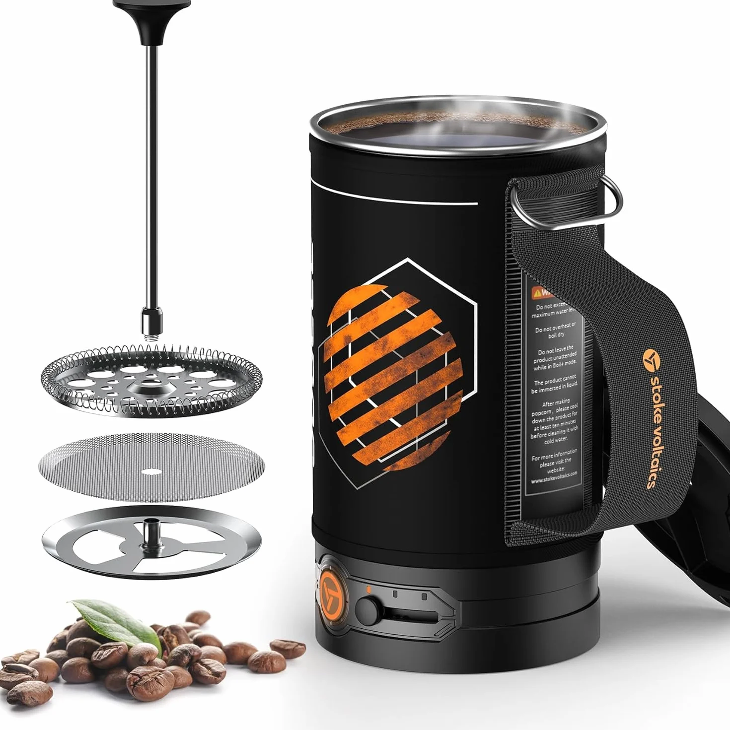 STOKE VOLTAICS Cafetera Eléctrica French Press, Diseño 2-in-1 para Hervir Agua y Prensar Café, Portátil para Camping y Viajes