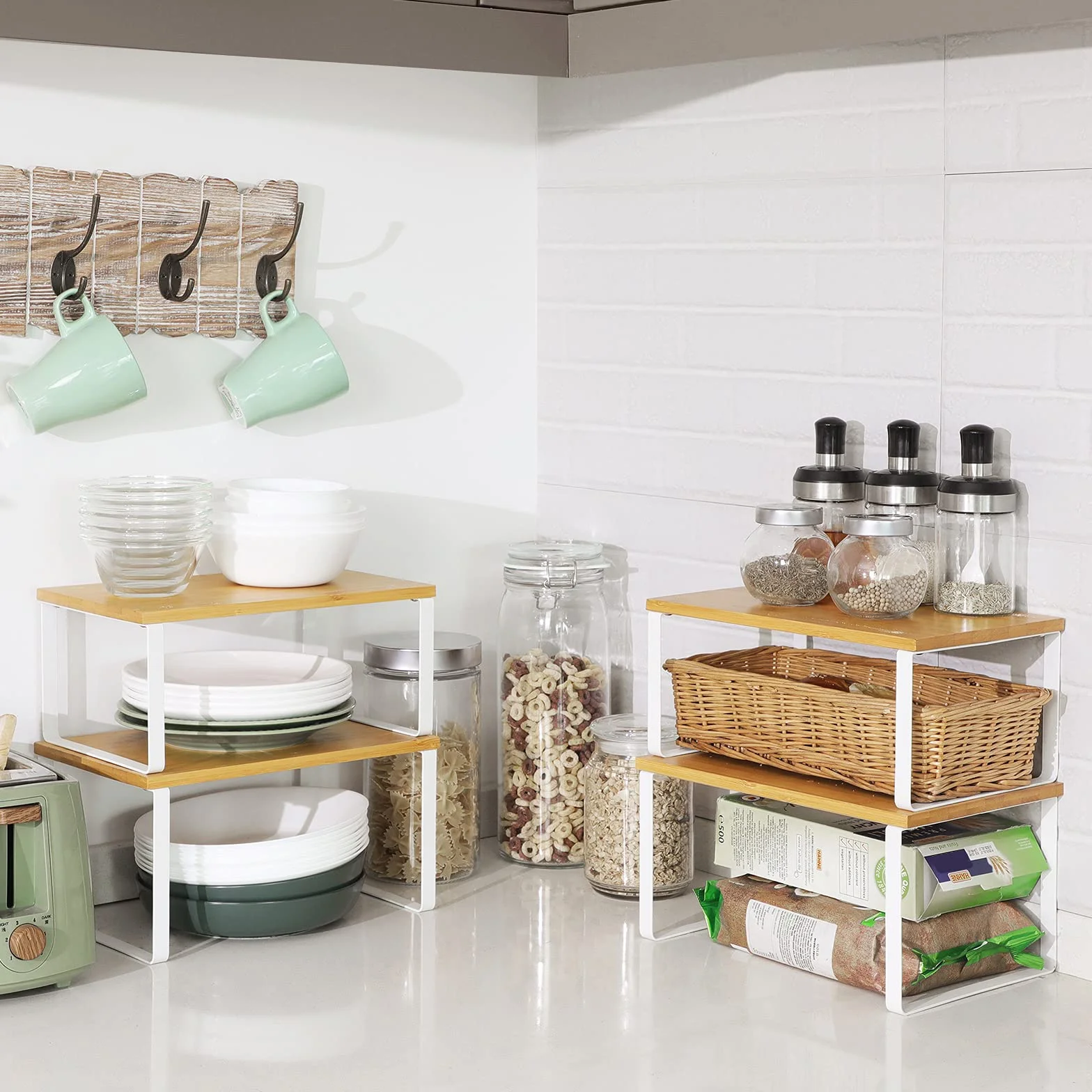 SONGMICS Organizadores de Cocina Juego de 4 Estantes Apilables Expandibles Metal y Madera Blanco Natural