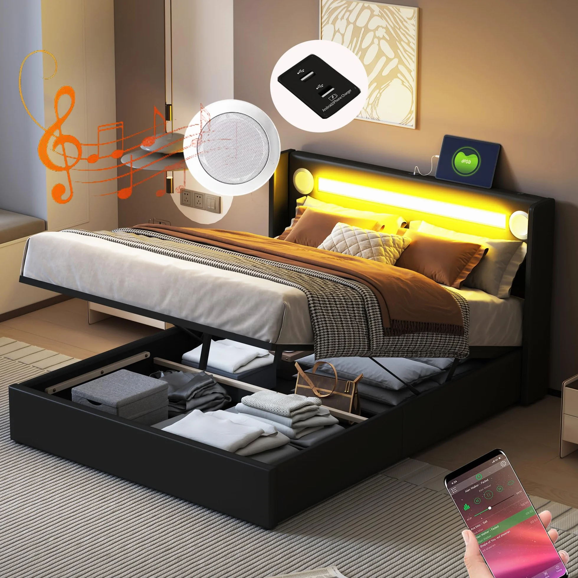 Merax Cama tapizada de 140 x 200 cm con tiras de luz LED, espacio de almacenamiento cama con reproductor Bluetooth y carga USB, para jóvenes y adultos, piel sintética negra (sin colchón)