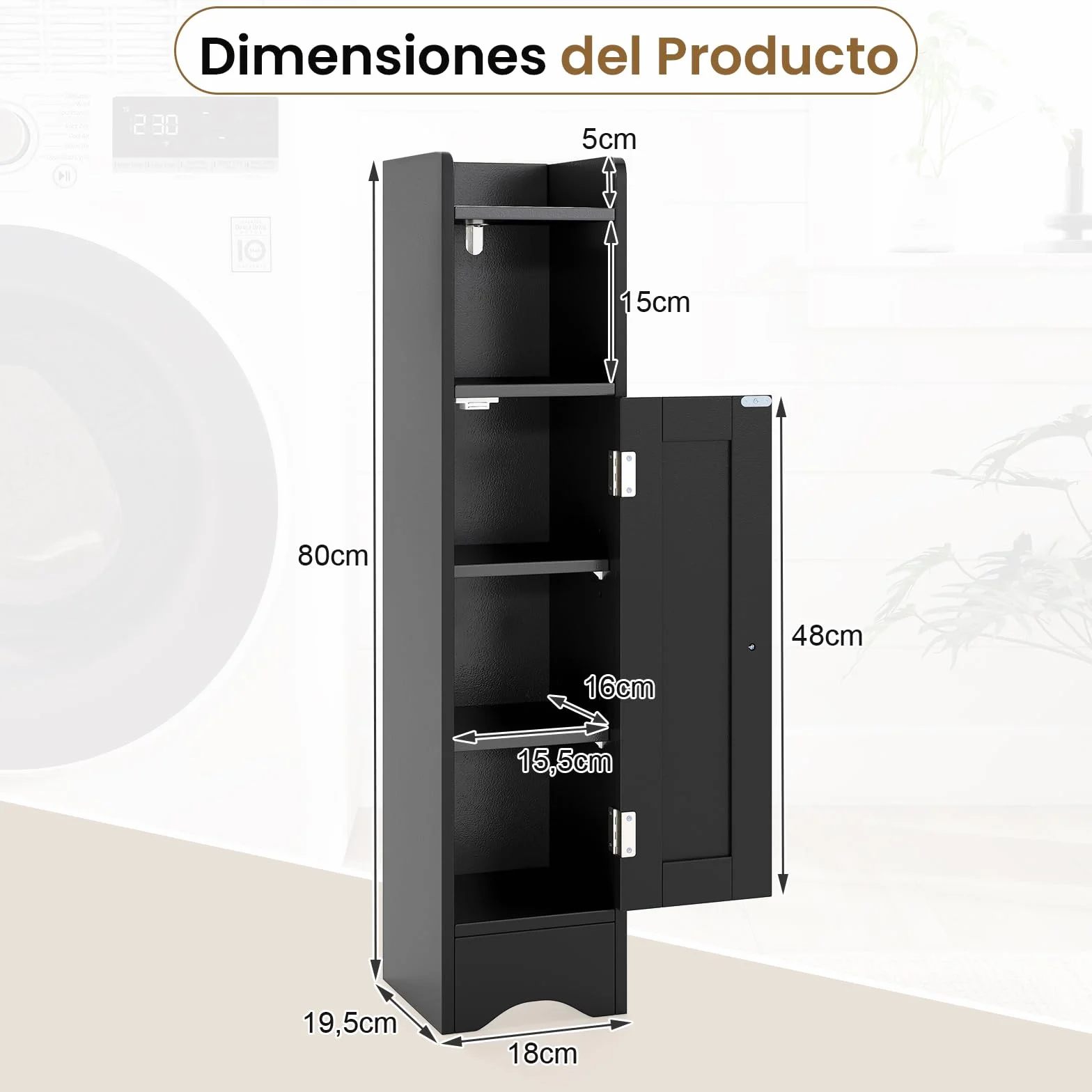 GIANTEX Armario Estrecho de Baño con Puerta, Mueble Organizador para Papel Higiénico con 5 Estantes de Almacenamiento, 2 Estantes Ajustables, 18 x 19,5 x 80 cm, para Salón, Lavandería (Negro)
