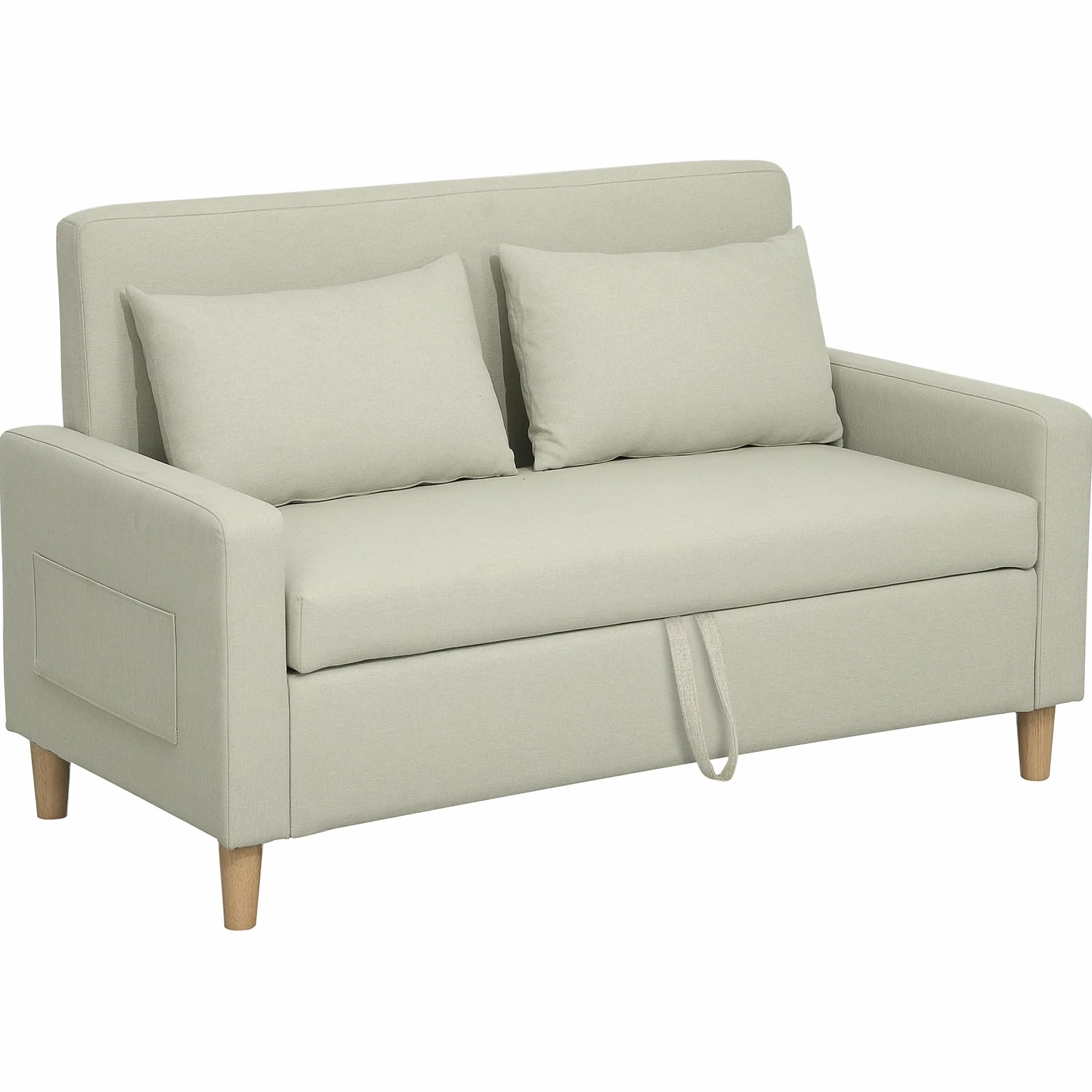 HOMCOM Sofá de 2 Plazas Tapizado en Lino Sintético con Espacio de Almacenamiento Oculto Sofá de Salón con 2 Almohadas Bolsillo y Patas de Madera Carga 240 kg 135x72x84 cm Beige