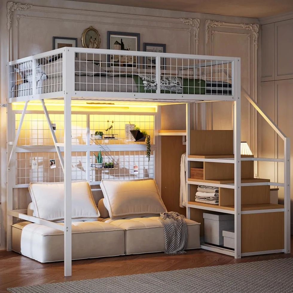 I0I&I0I Cama de metal de hierro para niños y jóvenes con tiras de luz LED, escalera con espacio de almacenamiento, armario abierto, color negro, versátil 193 (blanco + metal + 140 cm x 200 cm)