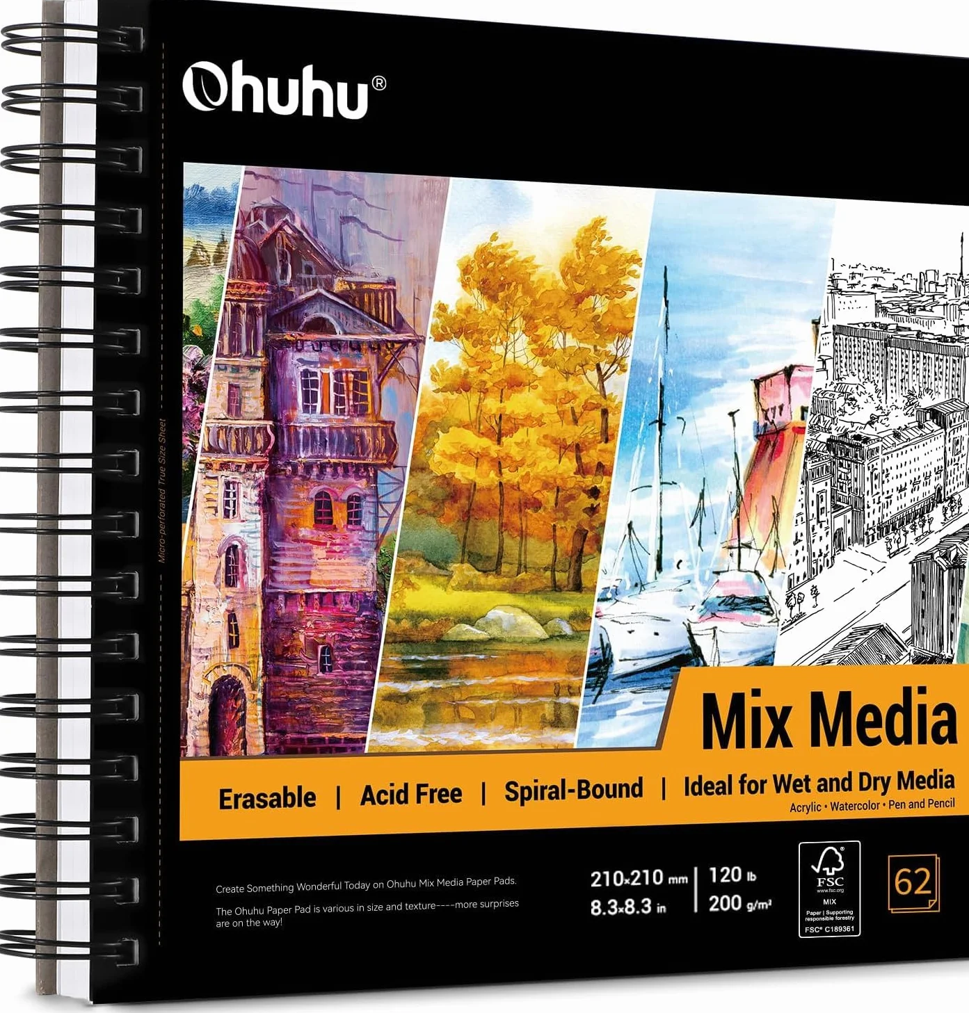 Ohuhu Cuaderno de Dibujo 200g/m² Tapa Dura Encuadernado en Espiral 225mm x 210mm 124 páginas