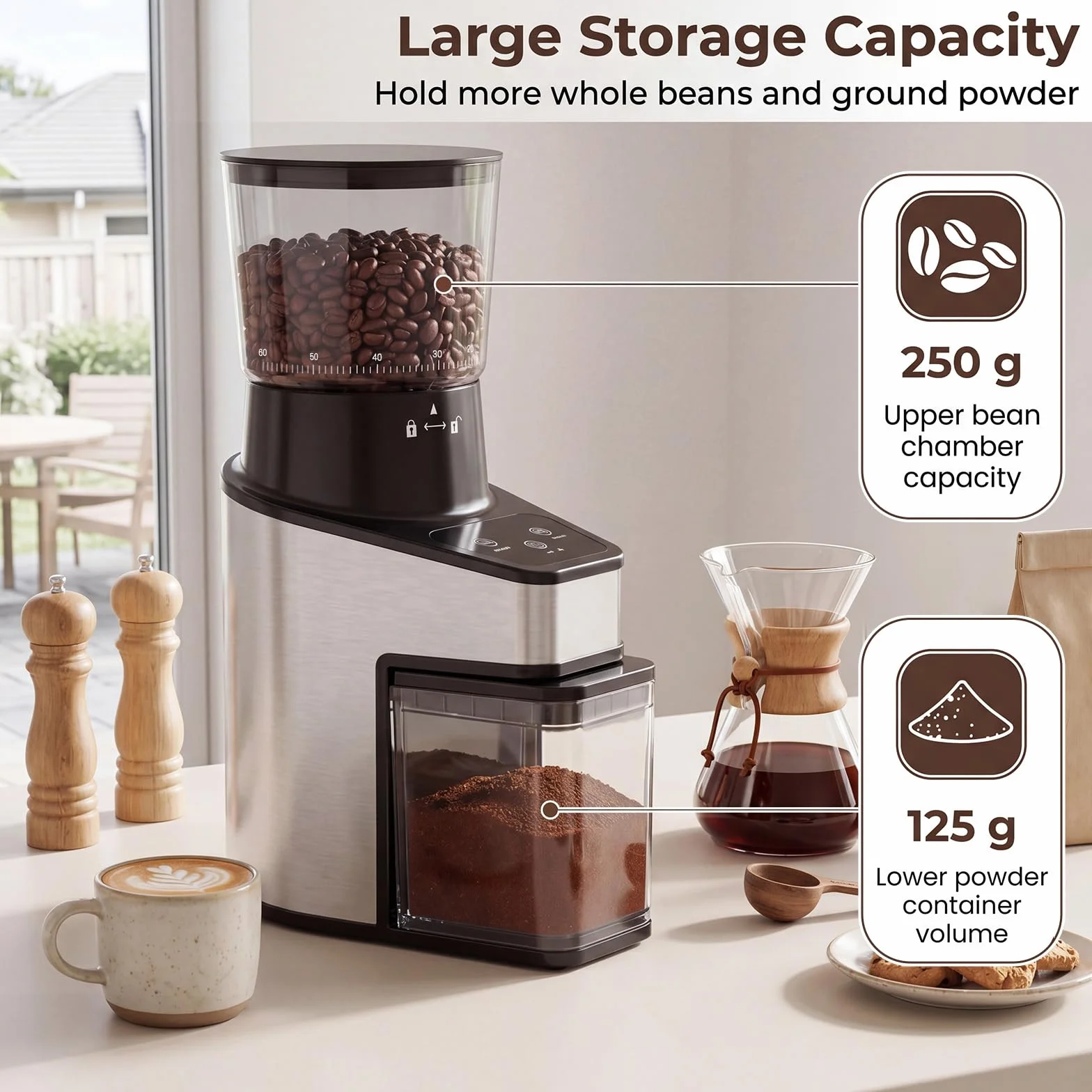 LIFEZEAL Molinillo de café eléctrico con cono, 60 niveles, 1-8 tazas, molinillo eléctrico de 150 W con tolva de 250 g, antiestático, silencioso, para expreso, goteo y prensa francesa, para casa y