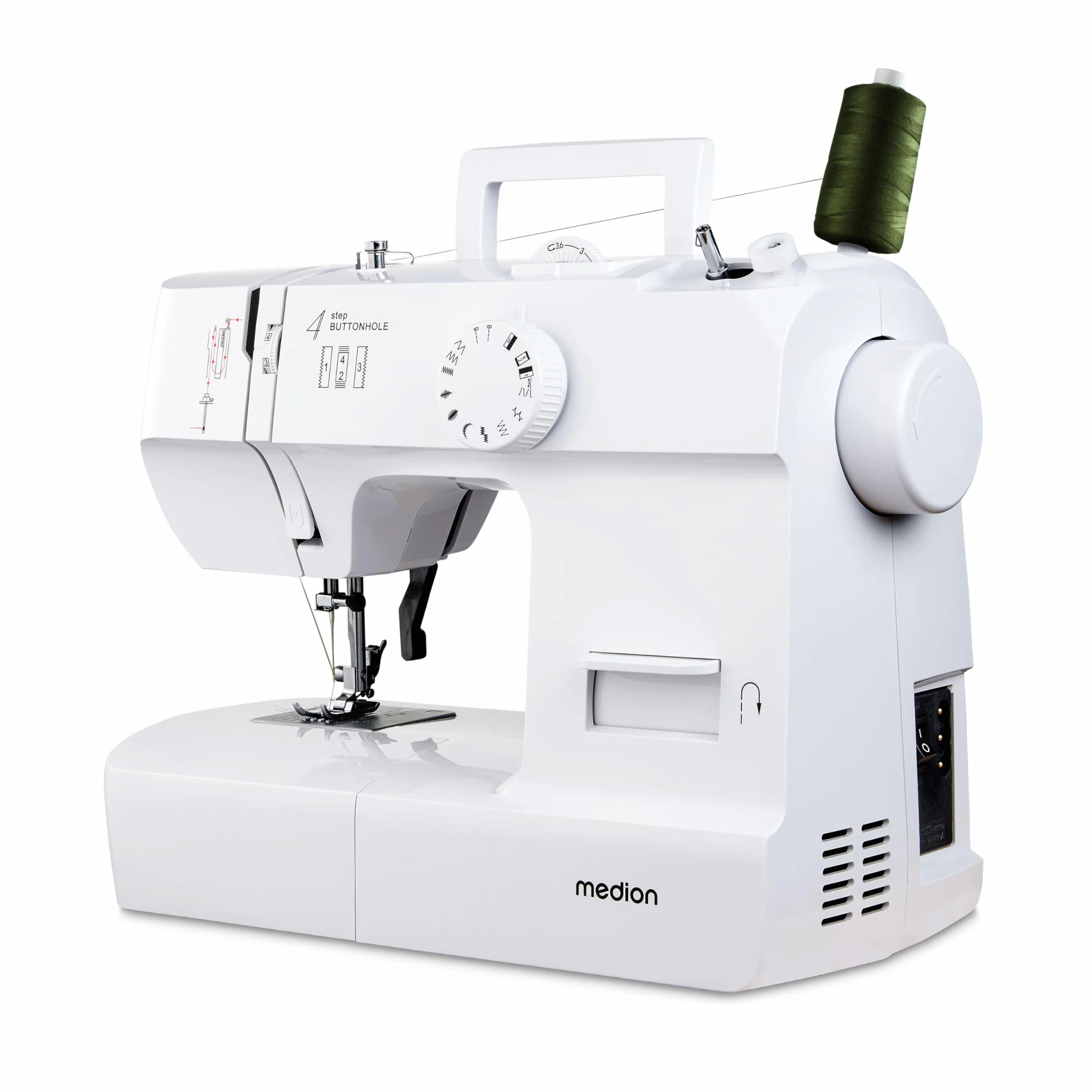 Máquina de coser MEDION SM70 (70 vatios, 12 patrones de puntada diferentes, luz de costura LED, longitud de puntada ajustable, botón de marcha atrás, cortador de hilo, MD11179) blanca | Luz LED de costura, longitud de puntada ajustable, botón de retroceso
