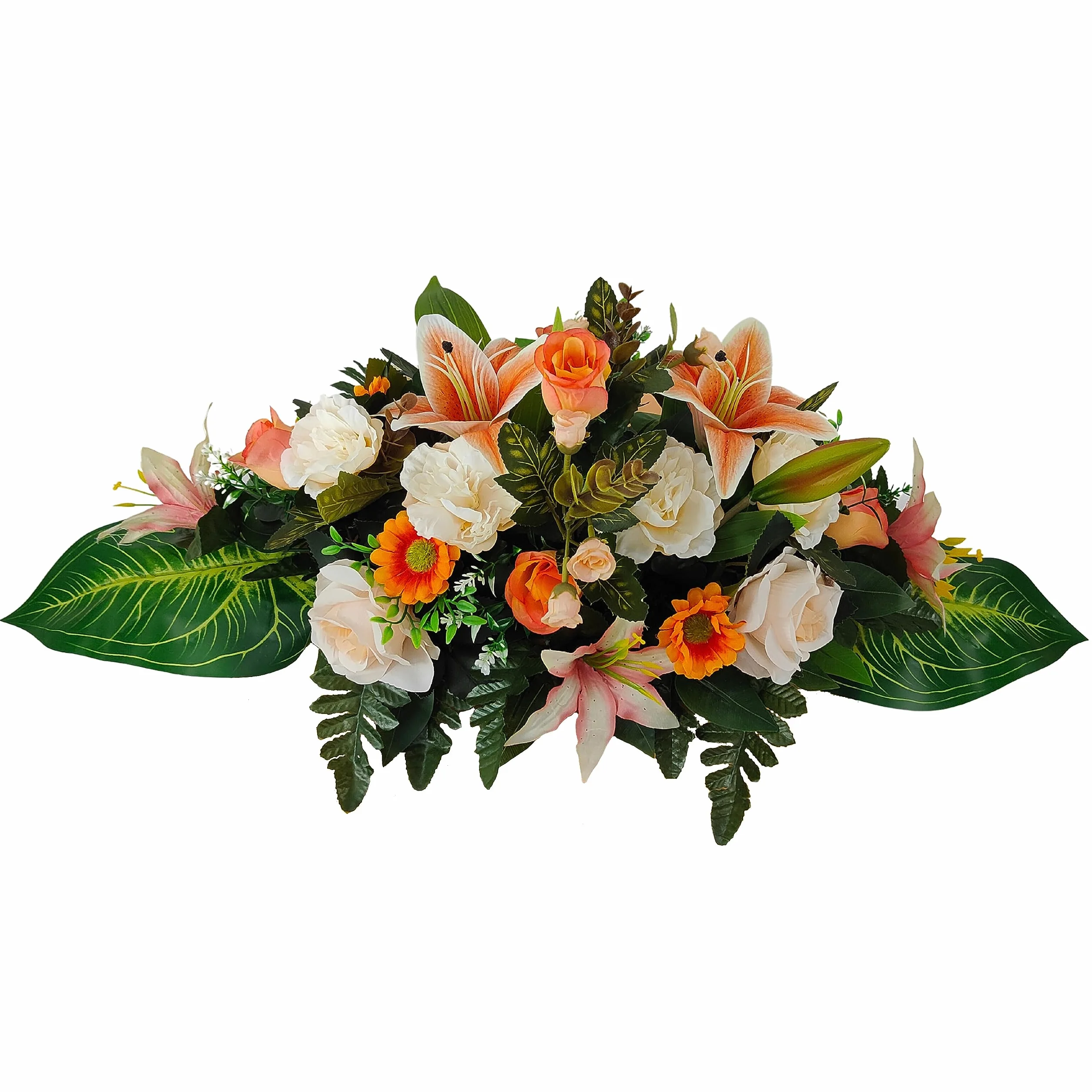 DRW Centro Flores Artificiales Cementerio, Santos, Iglesias, Aniversarios, Ceremonias, Bodas Naranja Salmon y Blanco con liliums, Rosas y Margaritas 75x24x30 cm