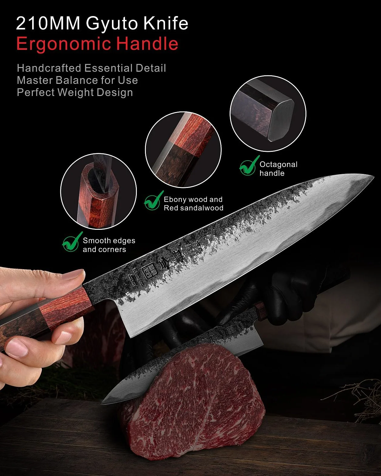 kanngou Cuchillos Japoneses Gyuto, 21cm Cuchillo Cocina de Acero Inoxidable con Madera de Ébano y Mango de Sándalo Rojo, Cuchillo Japonés Profesional con Caja de Regalo Premium