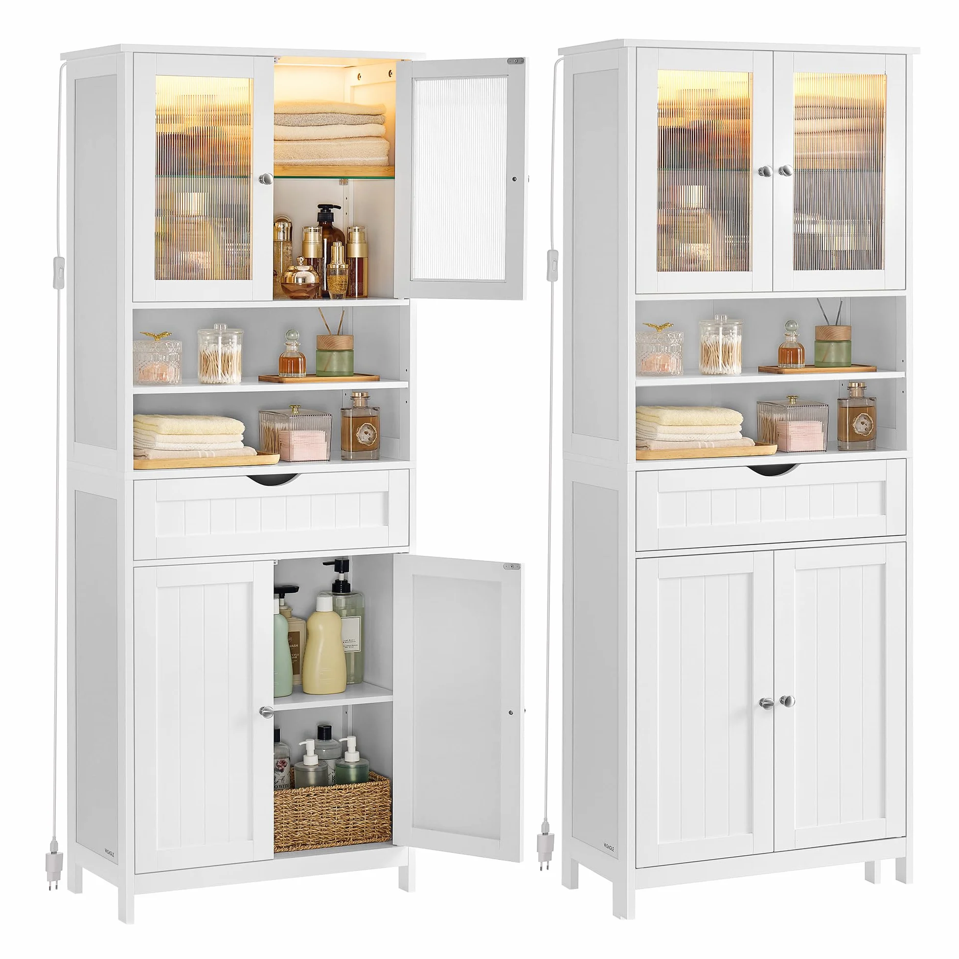 VASAGLE Armario de Almacenamiento con Iluminación, Armario de Baño, con Estantes Ajustables, Cajón, Compartimentos Abiertos, para Baño, Sala de Estar, Comedor, Blanco Nube BBC767W03