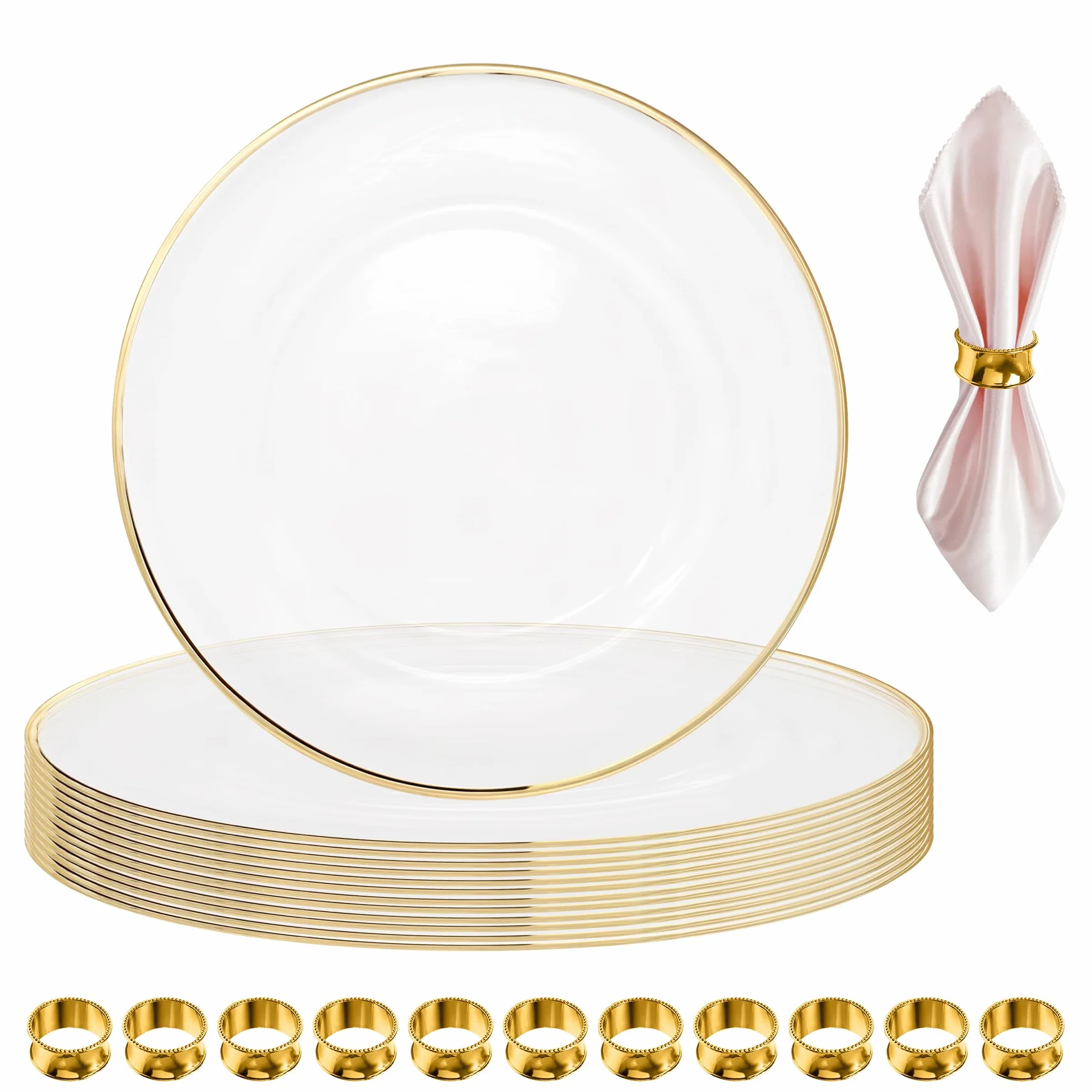 Juego de platos y servilleteros dorados – 50 elegantes platos de acrílico de 33 cm con borde dorado y 50 servilleteros martillados – Decoración de mesa de comedor para bodas, fiestas y eventos