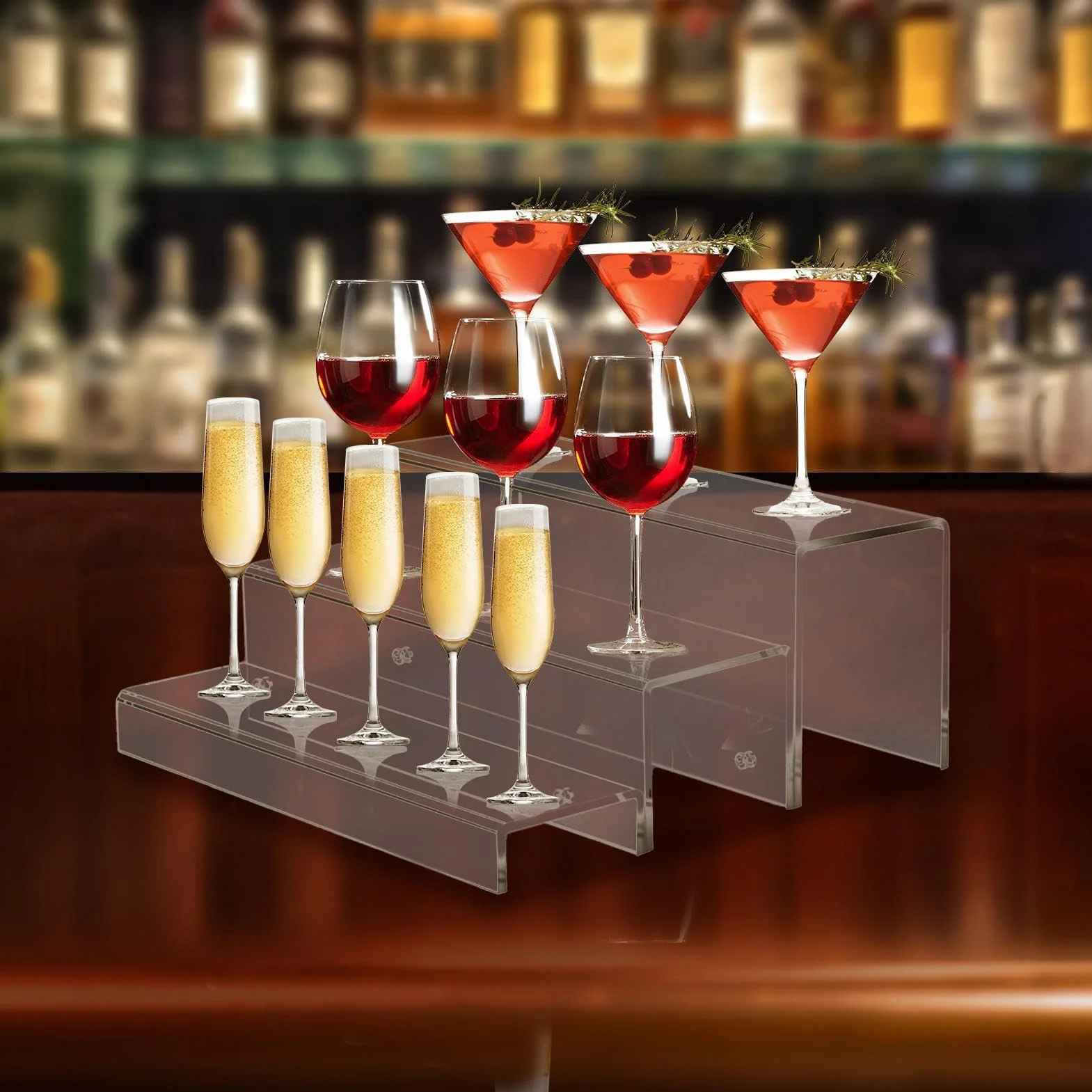 Expositor de botellas, éera alcohólica | elevadores acrílicos de 3 niveles para botellas, soporte de barra para organizador, estantes de almacenamiento encimera