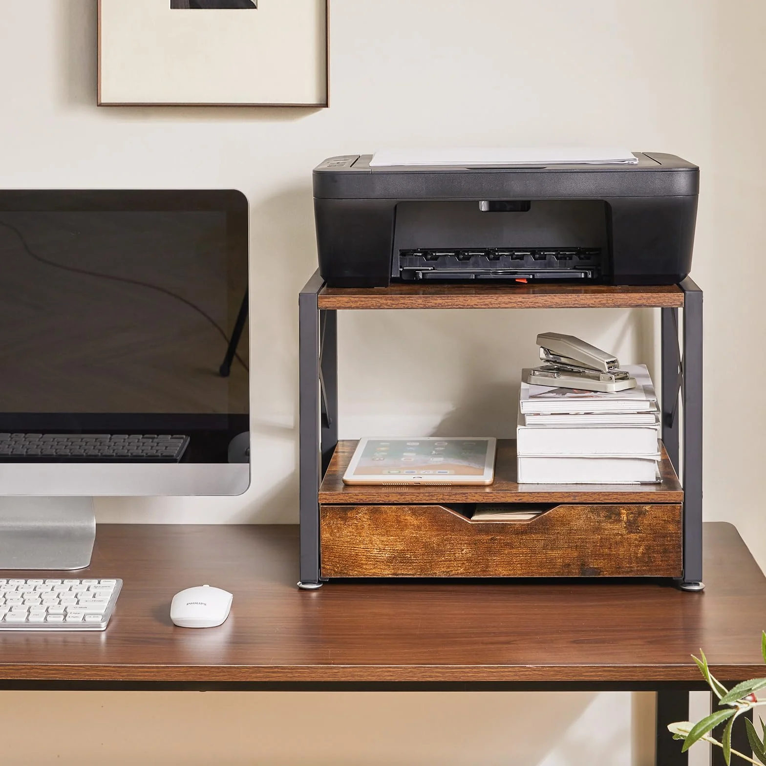 IBUYKE Soporte de Escritorio para Impresora de 2 Niveles, Organizador de Escritorio Multiusos, Soporte de Madera para Impresora con Cajón de Almacenamiento para Carpetas, Libros, para Fax, Escáner