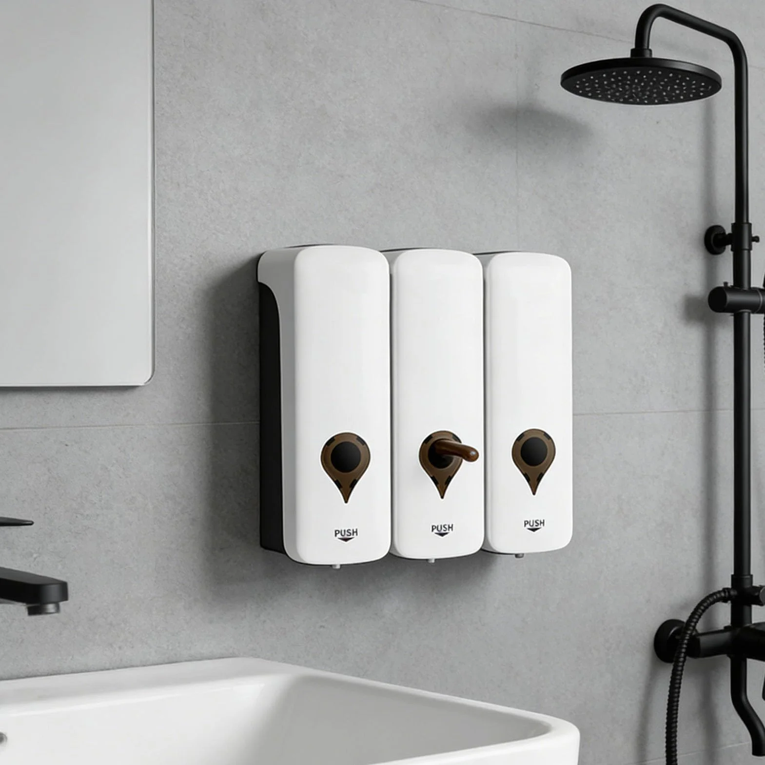 Jenngaoo Dispensador de jabon Manual de Pared 3x200ml, con Bomba antigoteo de plastico ABS Recargable para Bano Cocina