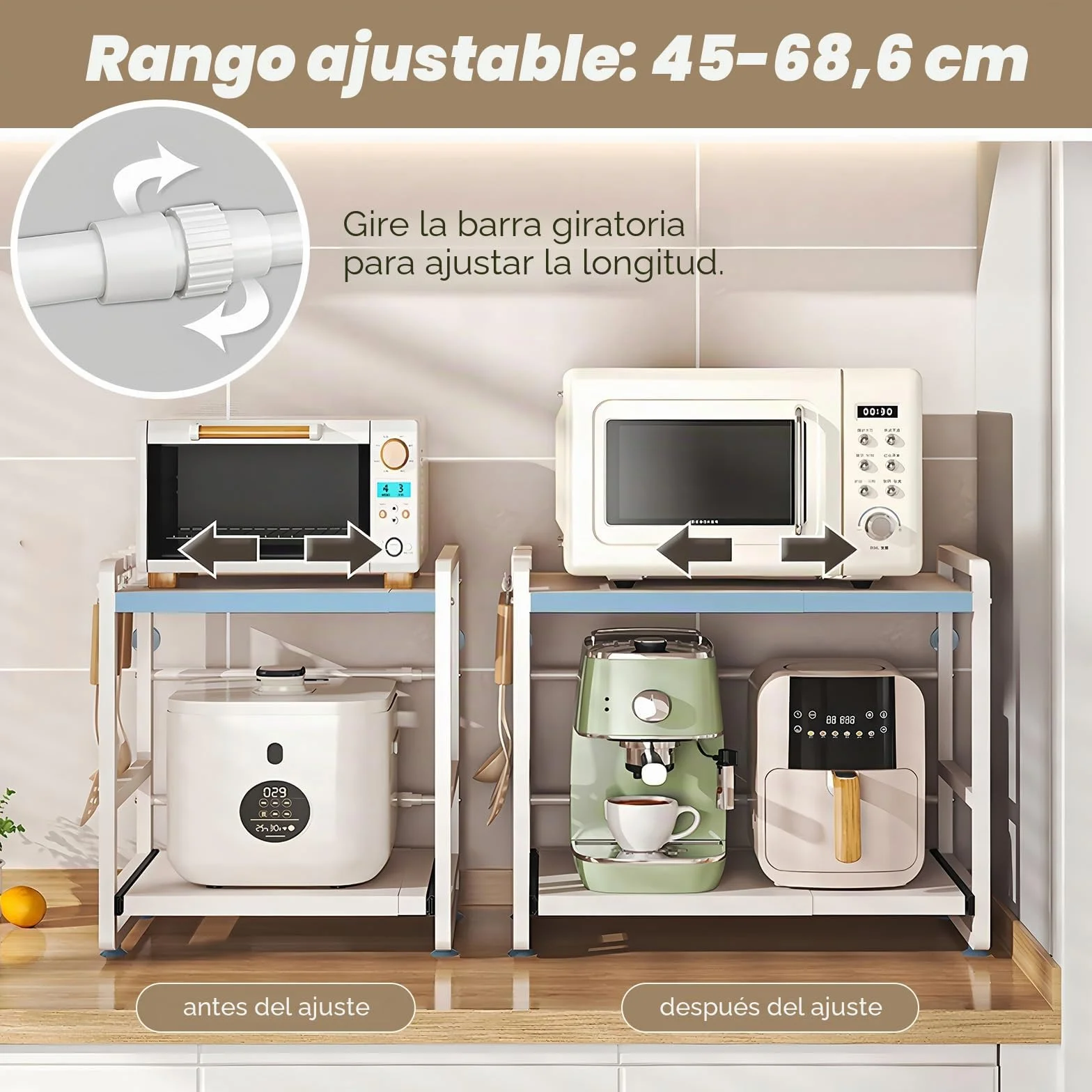 Estante de cocina con 2 niveles, altura ajustable y estante extensible con cajón, acero al carbono, ganchos y ventosas de refuerzo, fácil montaje, color blanco