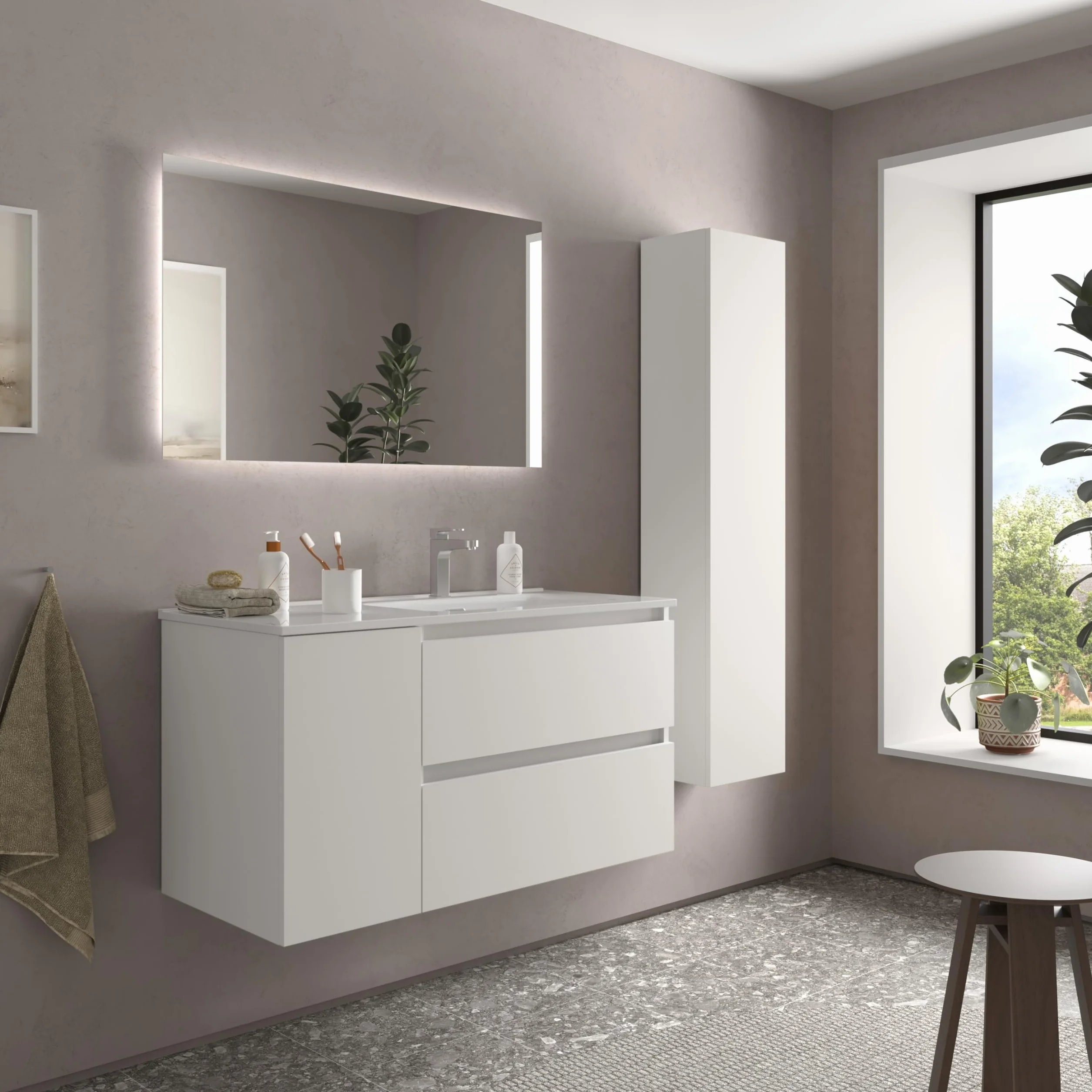 Mueble de Baño Bequia 90cm + Coqueta 1 Puerta Izquierda + Lavabo cerámica | Blanco Mate |90x45x56
