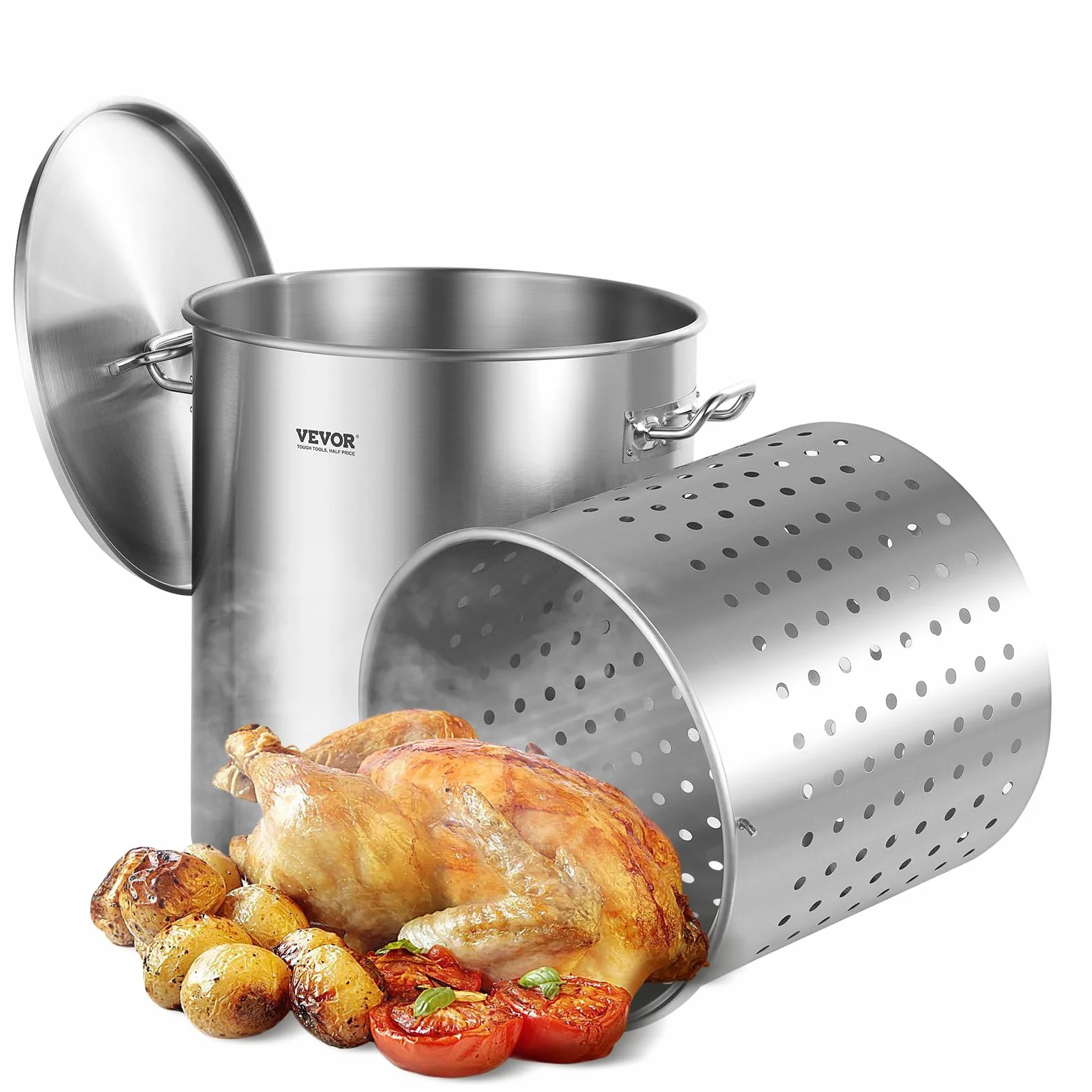 VEVOR Olla Grande de Acero Inoxidable de 60,5 L, para Salsa con Canasta, Tapa y Asa, Olla Comercial Resistente, Tratamiento de Lijado, para Eventos de Grupos Grandes, Plateado, 400 x 450 mm
