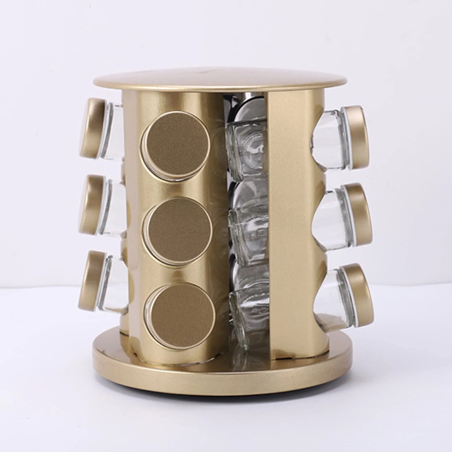 Estante para especias con caja de condimentos de gran capacidad, dispensador de alimentos secos y estante de almacenamiento para cocina, soporte redondo para botellas de champán dorado, solución de