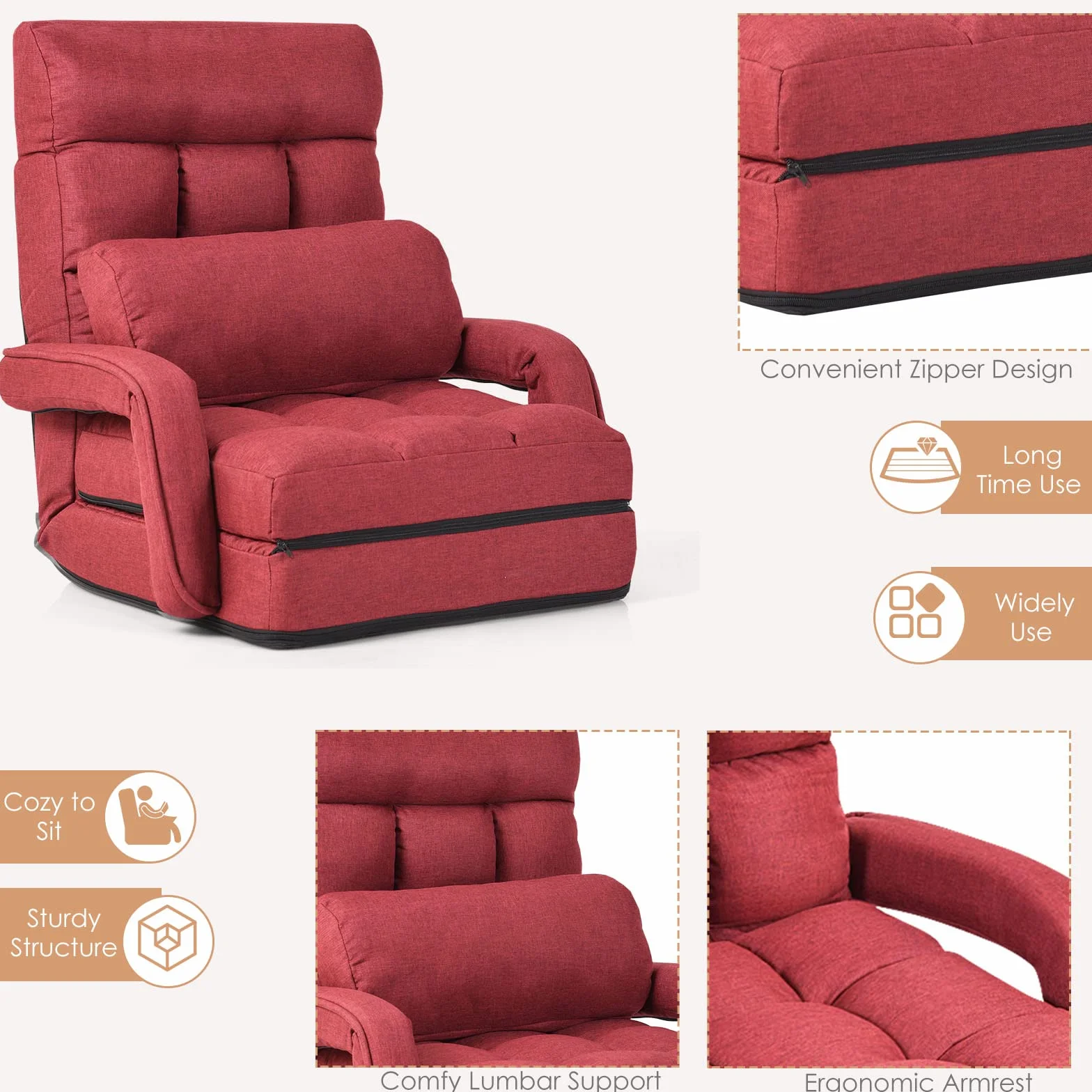 LIFEZEAL Sillón Individual Convertible, sofá Cama Plegable con Respaldo Ajustable en 5 Posiciones, Silla Suelo de 1 Plaza con cojín y reposabrazos, para salón, Dormitorio (Rojo)