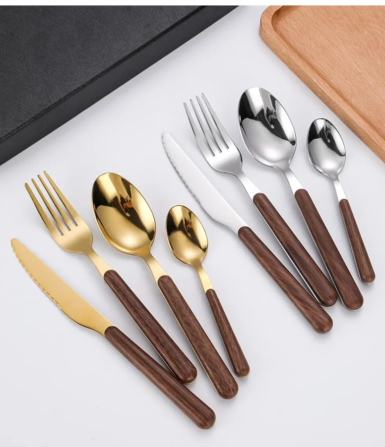 Este Juego de Cubiertos, 5/20/30/40 Piezas, Cuchillo, Tenedor y Cuchara de Acero Inoxidable con Mango de Madera, Estilo Retro, Incluye Cuchara para café, Postre y Tenedor para Fruta, Color p