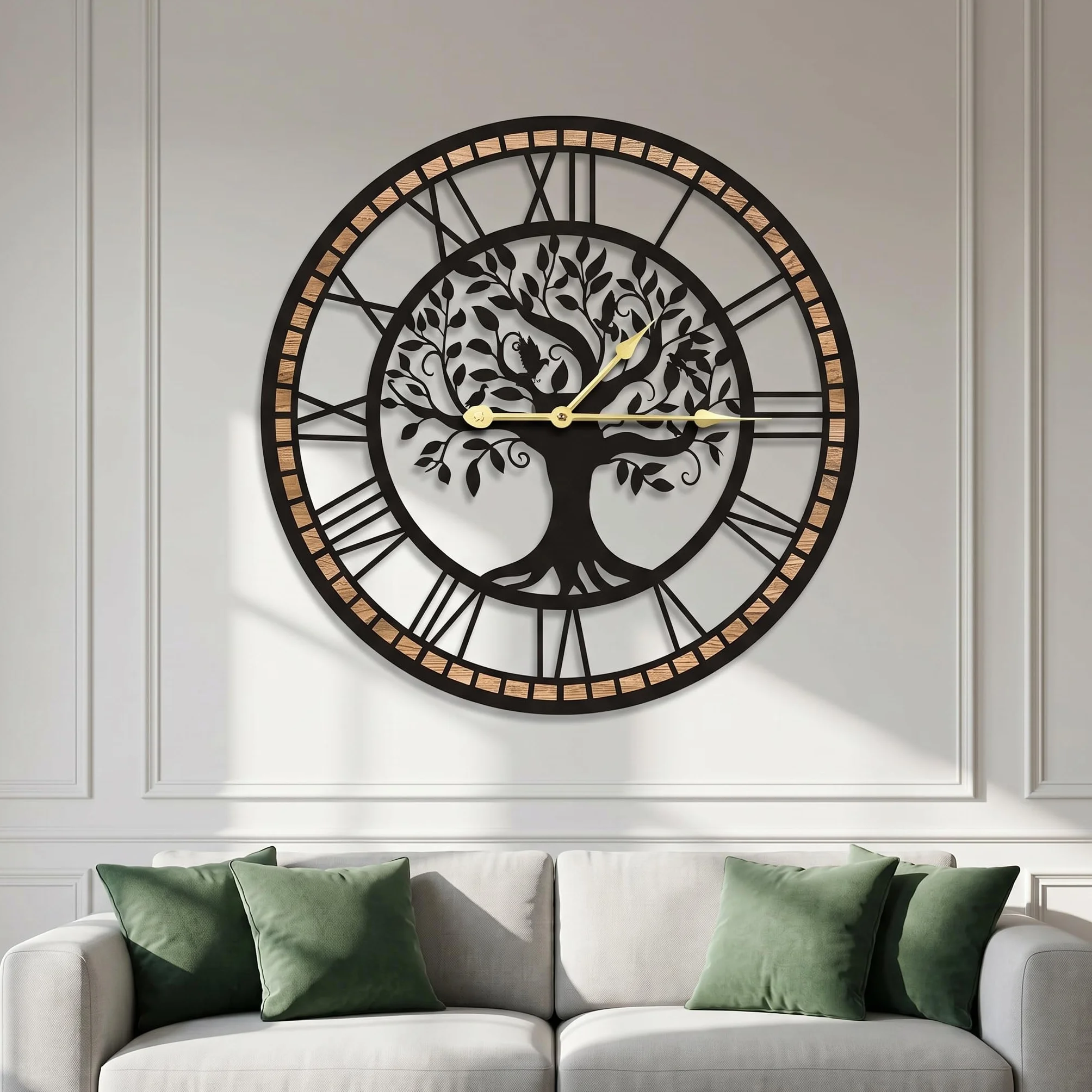 Reloj de Pared Grande con diseño de árbol de la Vida, Negro y Madera, números Romanos, Redondo, 40 cm, para Sala de Estar