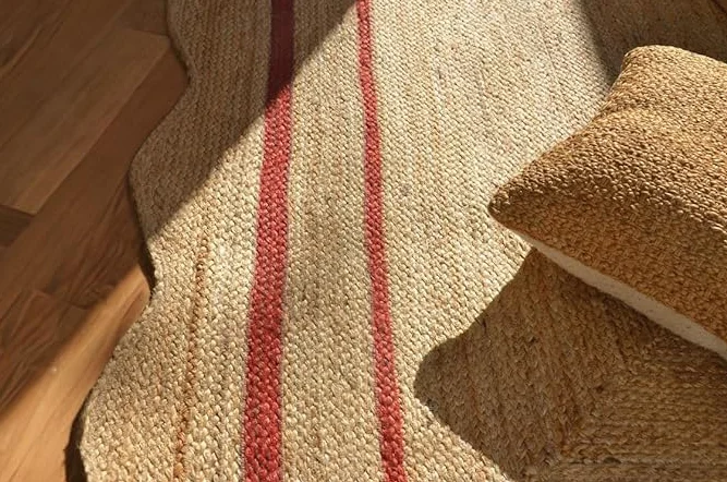 Alfombra de yute festoneado de alta calidad tejida a mano con borde rojo de 2 x 3 pies, alfombra de fibra natural hecha a mano, alfombra de estilo bohemio y rústico para sala de estar