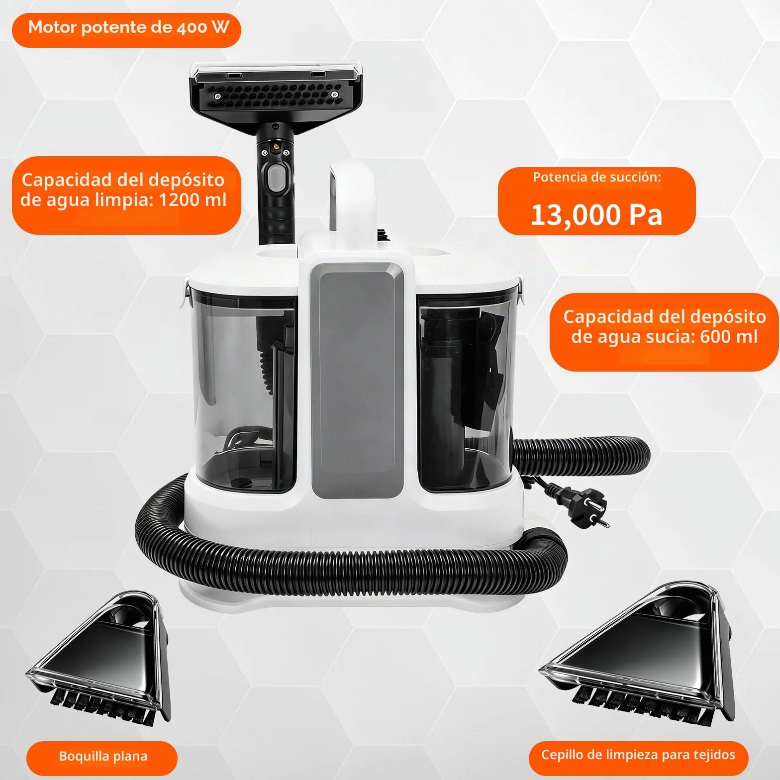 Limpiador De Tapicerías Y Alfombras Portátil 400w 13kpa - Máquina Limpiar Sofás Con Agua Y Aspiradora, Sistema De Doble Depósito Y Autolimpieza Para Colchones, Asientos De Coche Y Manchas Difíciles