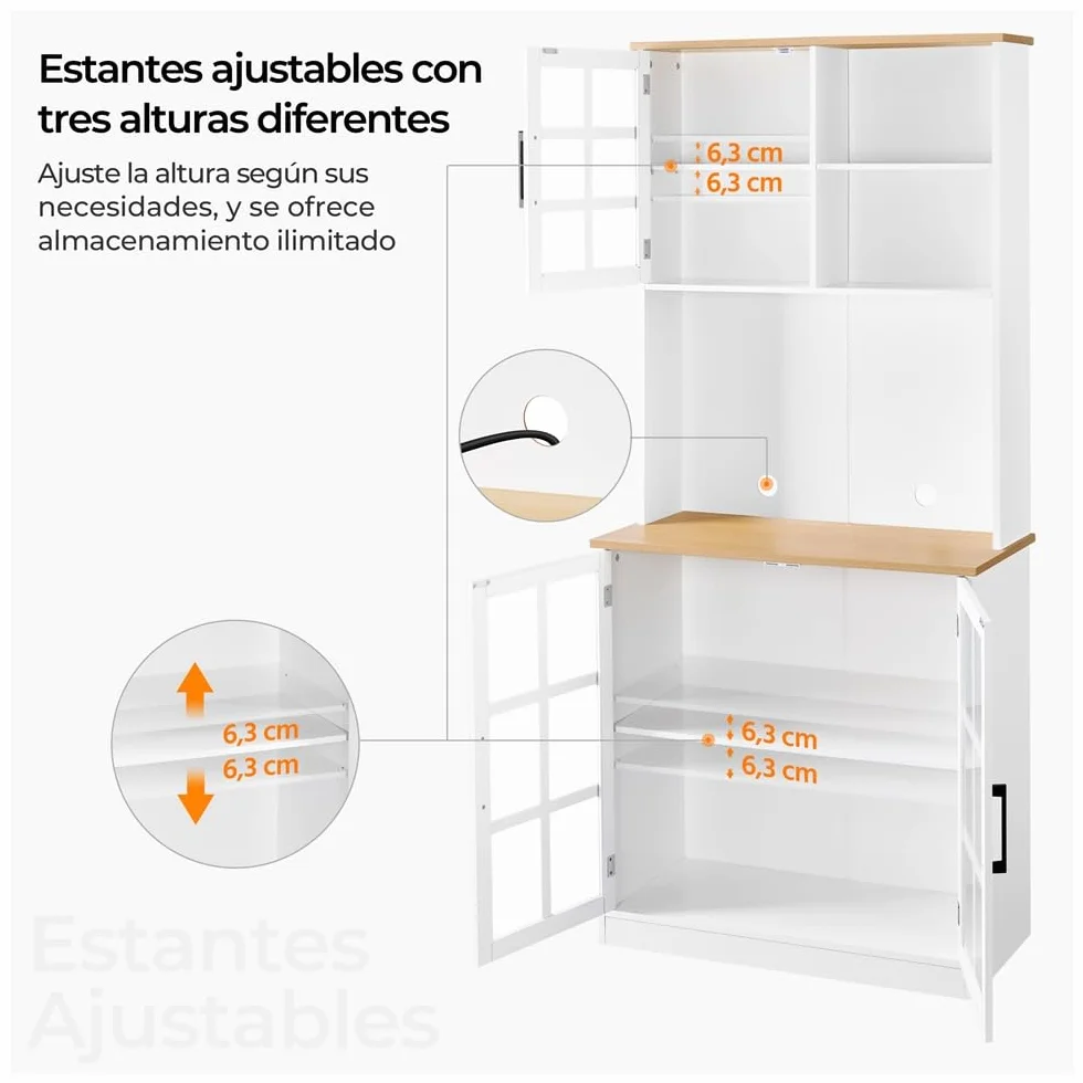 Yaheetech Alacena de Cocina Mueble Buffet Armario con Puertas de Vidrio, Estantes Ajustables 80 x 37 x 183 cm