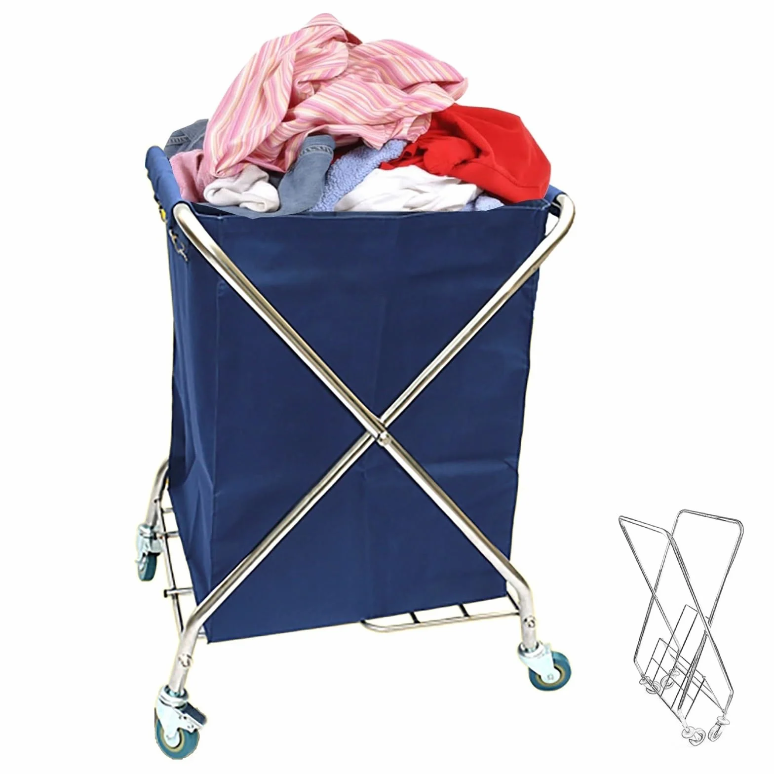 FQMYLTYN Carrito de Lavandería Plegable con Ruedas, Cesta de Lavandería Comercial Resistente y Plegable con Bolsa de Lona Desmontable para Hoteles, Hospitales y Hogares, 60x60x89cm(Blue)