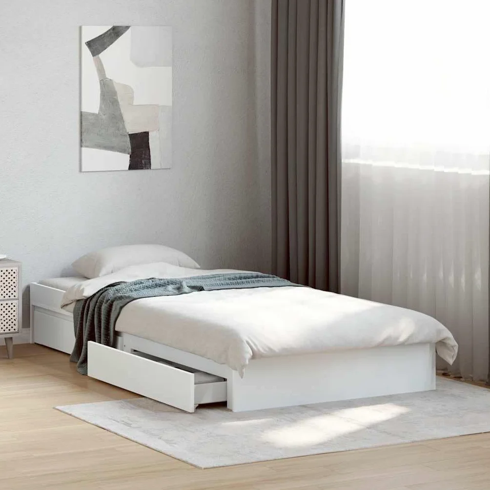 vidaXL Cama con cajones Madera de ingeniería Blanca 75x190 cm, Cama, Cama con almacenaje, Estructura de Cama Individual, Cama Individual