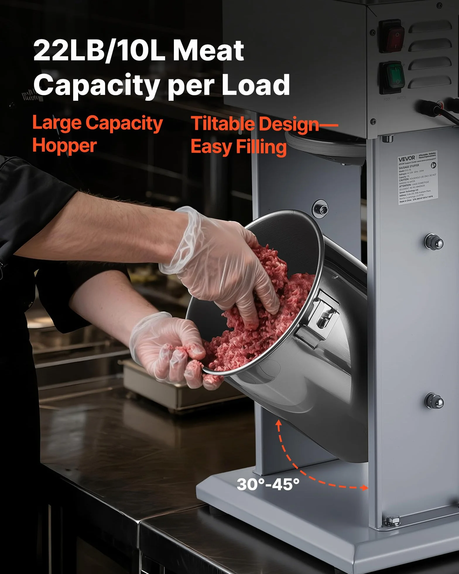 VEVOR Embutidora Eléctrica de Salchichas Capacidad de 10 L, Embutidora Vertical de Acero Inoxidable con Ajuste de Velocidad Continuo, Pedal y 4 Tubos de Llenado, para Restaurante, Supermercado