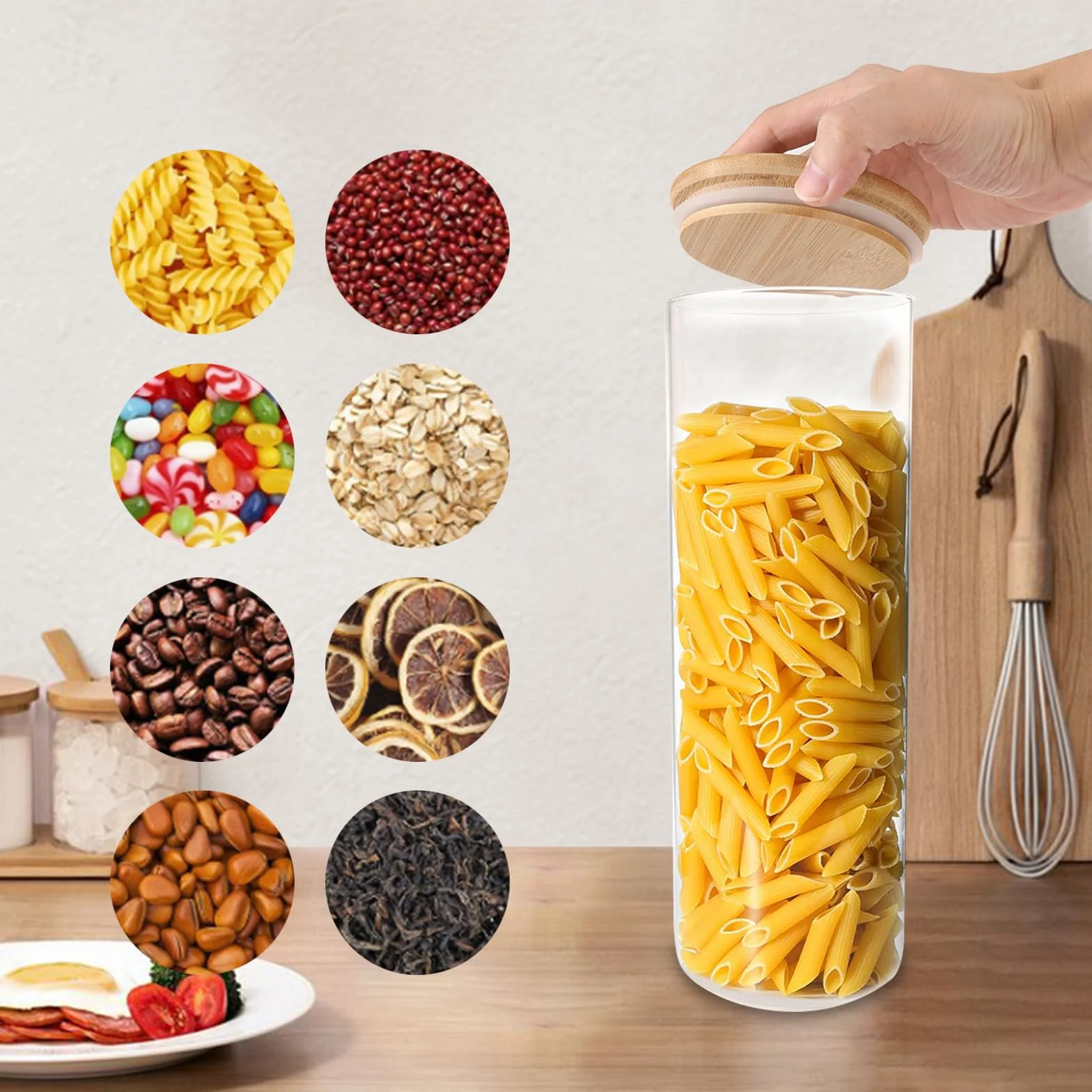 Juego de 5 tarros de cristal con tapa, 2100 ml con tapa, herméticos para espaguetis, fideos, cereales
