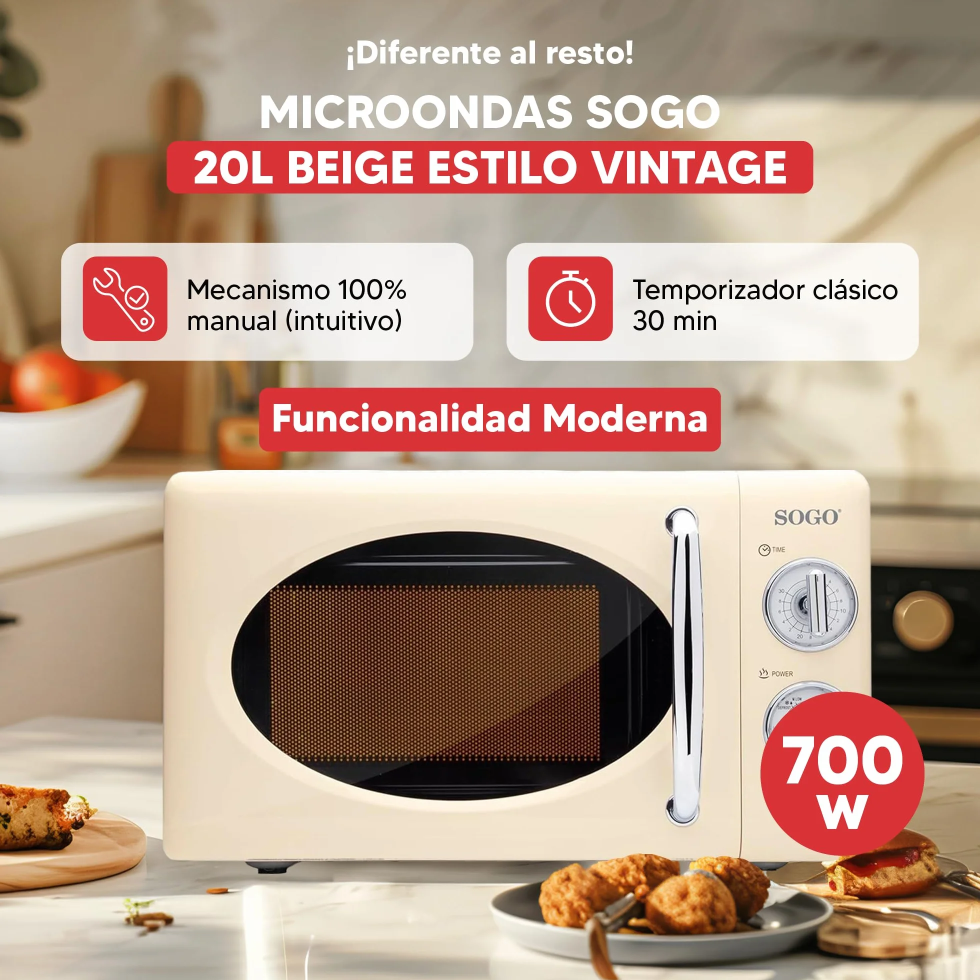 Sogo Microondas 20L 700W Vintage Beige 5 Potencias Descongelar Temporizador