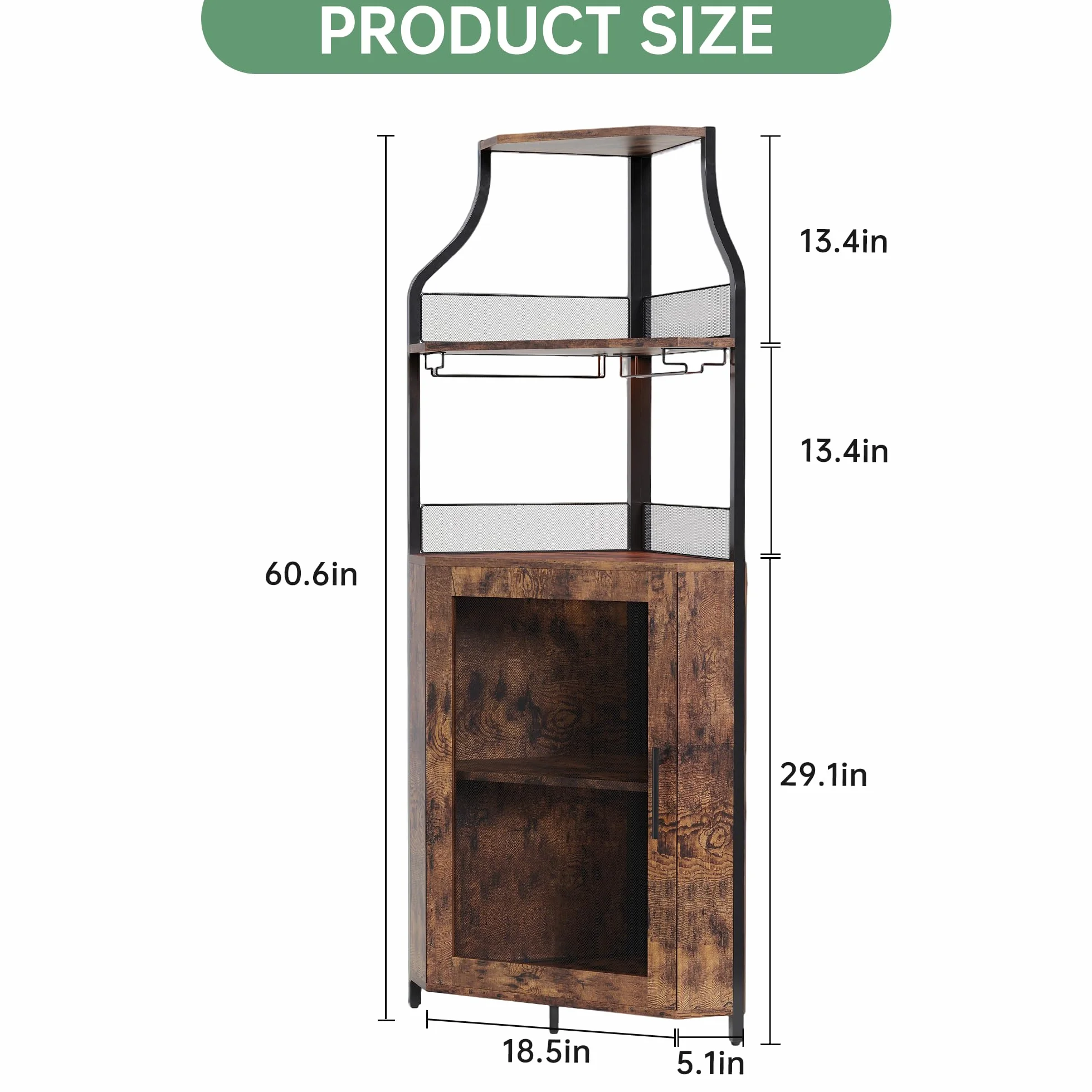 GarveeHome - Mueble esquinero para barra de vino con iluminación LED, 5 pisos ajustables y soporte para vasos integrados, ahorro de espacio de 35 cm para espacios reducidos (estilo loft retro