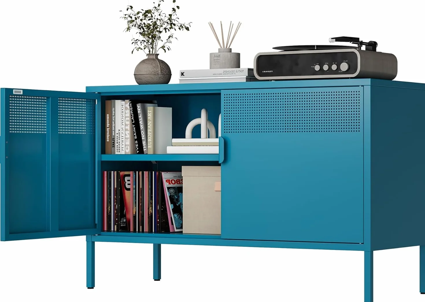 Armario Metalico,Aparador de Metal Estantes con Puertas,Marco de Acero,Armario de Almacenamiento para Oficina en Cocina,Salón,Comedor,Entrada,40 x 100 x 64AL cm,Azul