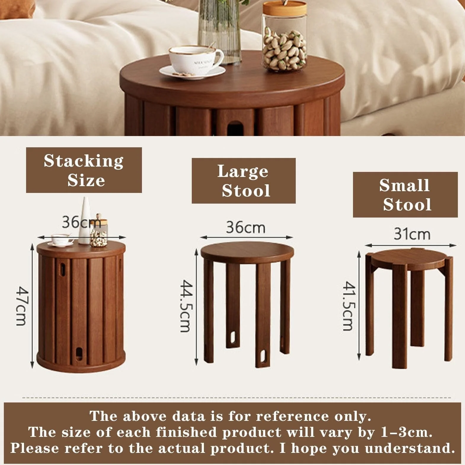 Juego de 4 taburetes apilables de madera, diseño apilable, taburetes de madera pequeños para ocio, combinación apilable, taburete apilable multifuncional para sala de estar, entrada, comedor (nogal)