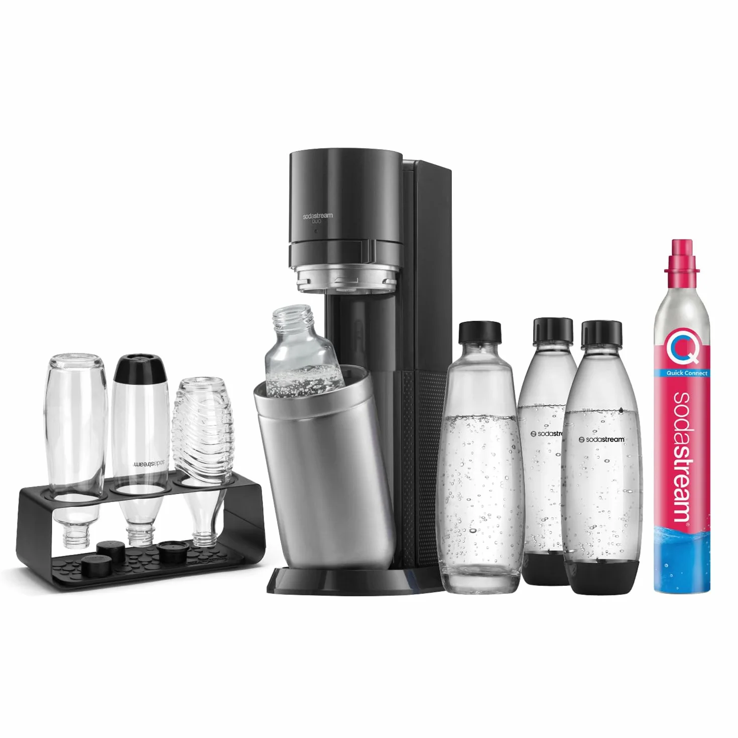 SodaStream Juego de pulverizadores DUO Comfort con cilindro de CO2, 2 botellas de cristal de 1 L, 2 botellas de plástico de 1 l aptas para lavavajillas y soporte para botellas sitólico, altura: 44 cm,