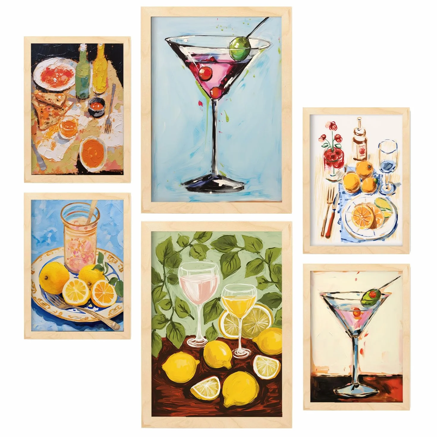 Nacnic Set de 6 Bebidas Posters. En Póster de los amantes de la comida. Cuadros decorativos estéticos para su sala de estar, dormitorio, hogar Tamaños A4 y A3 con marcos de madera ligera