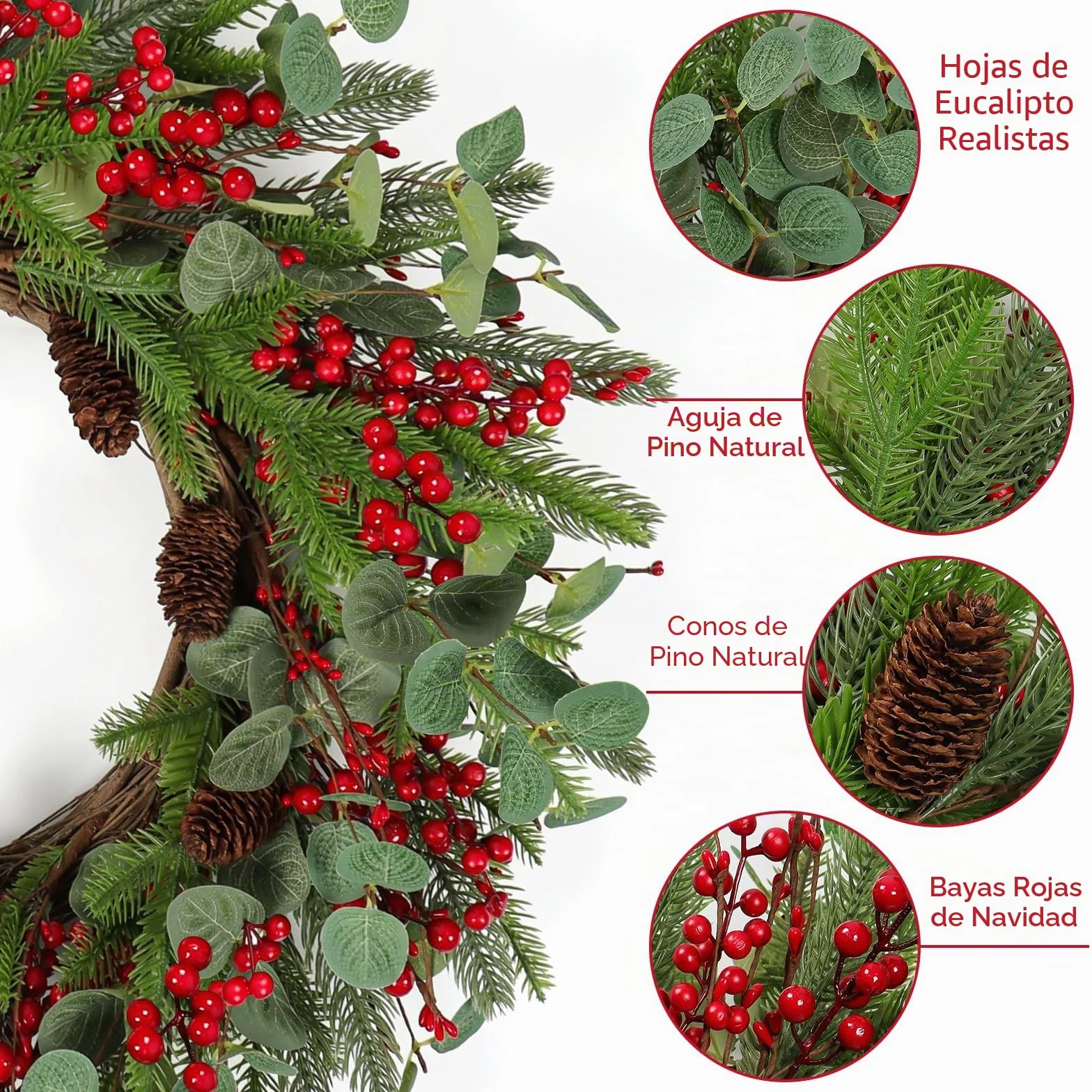 Betylifoy Corona de Navidad Grande de 60 cm, Guirnalda Navideña para Puerta Delantera Corona Navideña con Bayas Conos de Pino para Decoraciones Navideñas para Chimenea en el Hogar
