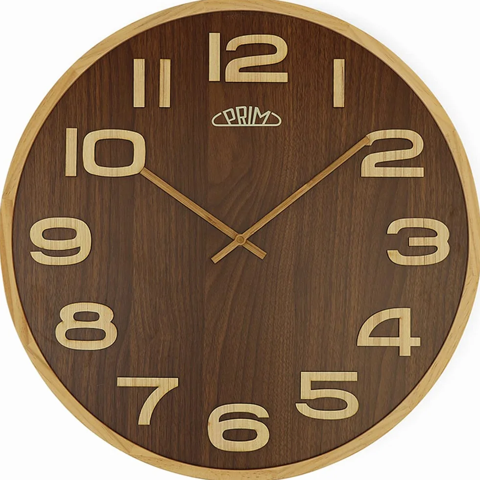 PRIM Reloj de Pared de Madera de Lujo Timber Veneer, Color marrón, con números Grandes 3D, Esfera chapada, Cristal Curvado, Motor Paso a Paso de Cuarzo