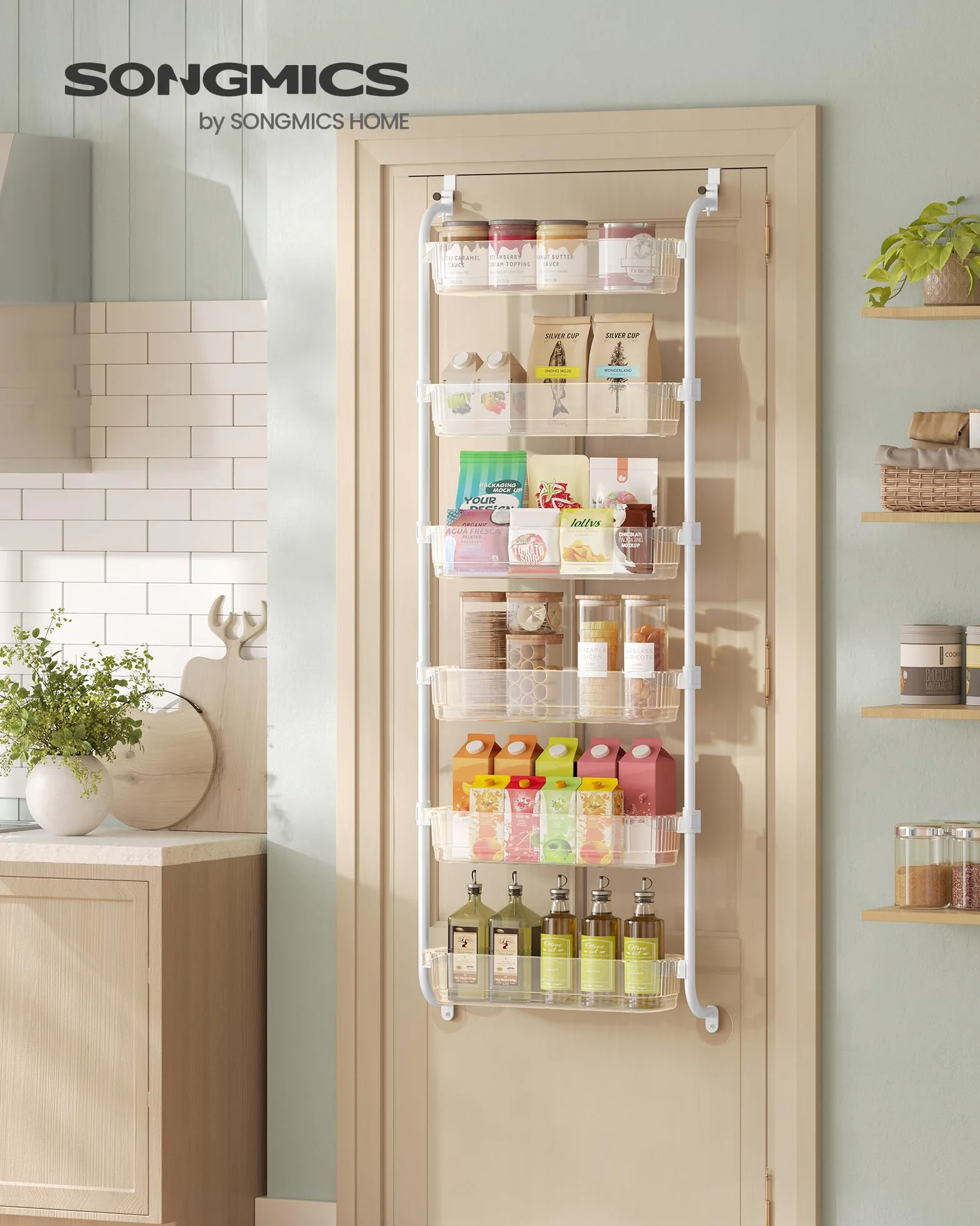 SONGMICS UKCS046WG01 - Organizador de despensa de cocina de 6 niveles con cestas altas ajustables, estante colgante para especias, para dormitorio, baño, lavandería, transparente