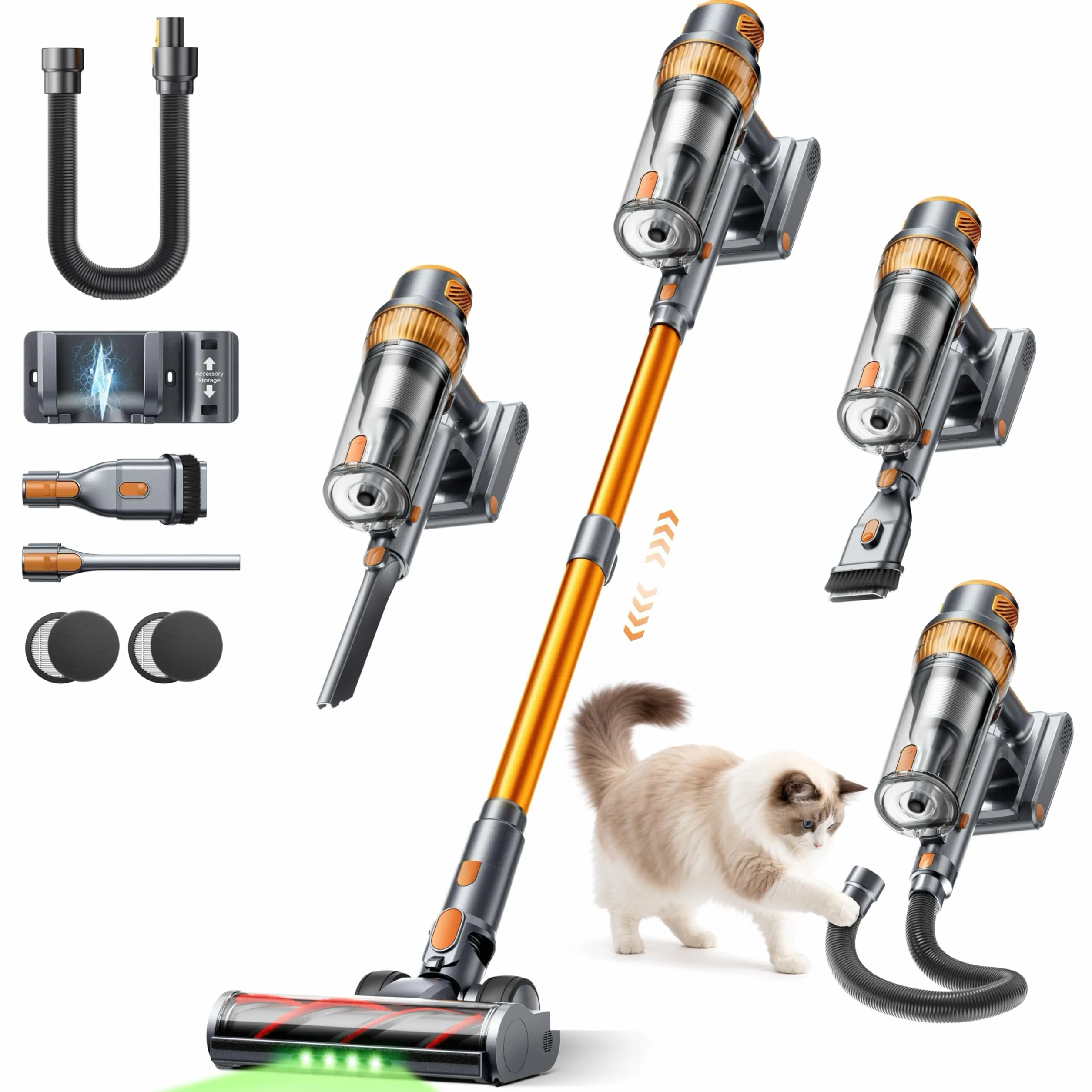 50KPA/600W Aspiradora sin Cable Potente, 65Min(ECO) Aspirador Escoba Vertical con Modo Automático, Cepillo Anti-Enredo, Manguera de 1M y Luz LED, Ideal para Pelo de Mascotas, Alfombras y Coche