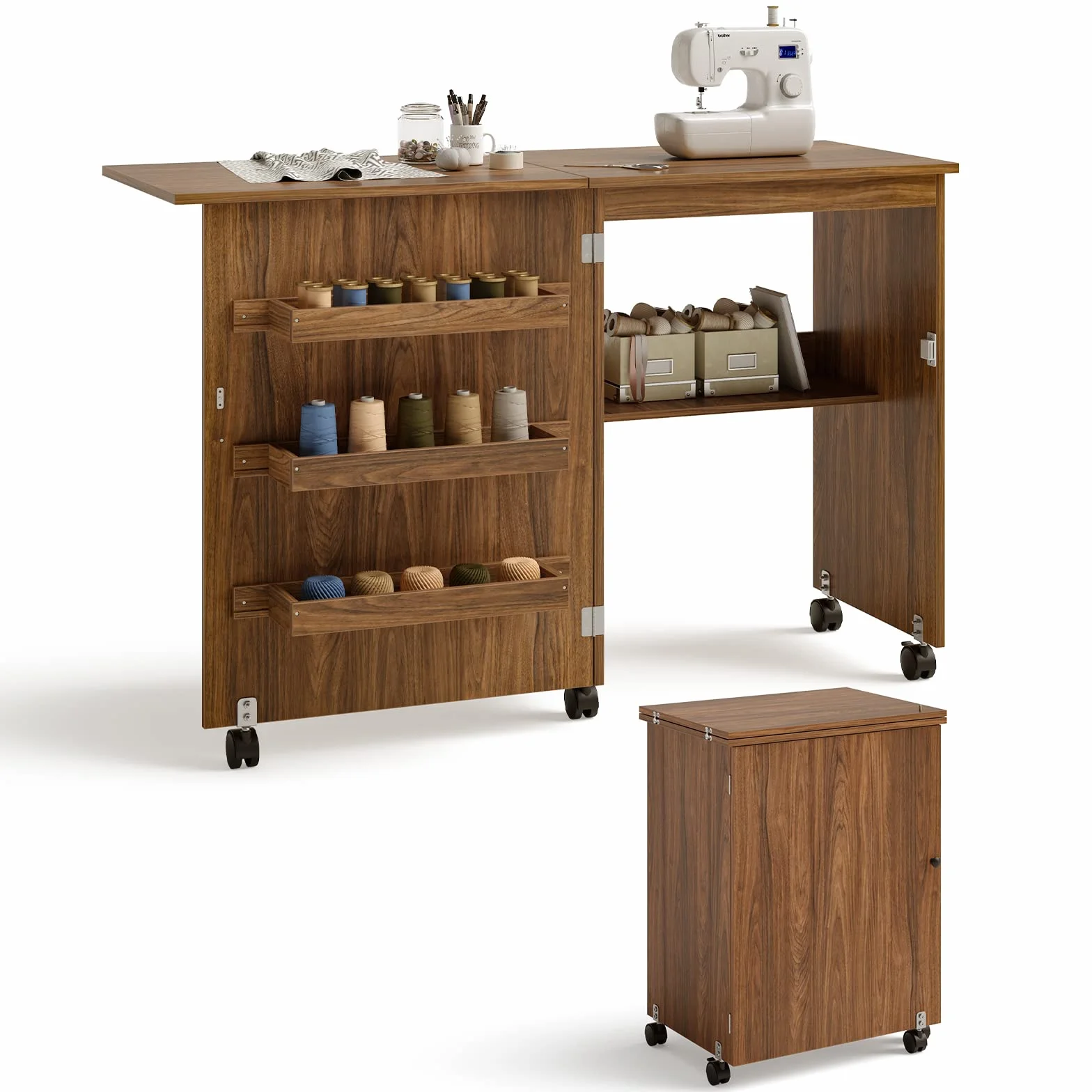 COSTWAY Mesa Maquina de Coser Plegable, 2 en 1 Mueble Maquina Coser con 3 Compartimientos, 1 Estante de Almacenamiento y 5 Ruedas Bloqueables, Mesa de Costura Que Ahorro de Espacio (Marrón Oscuro)